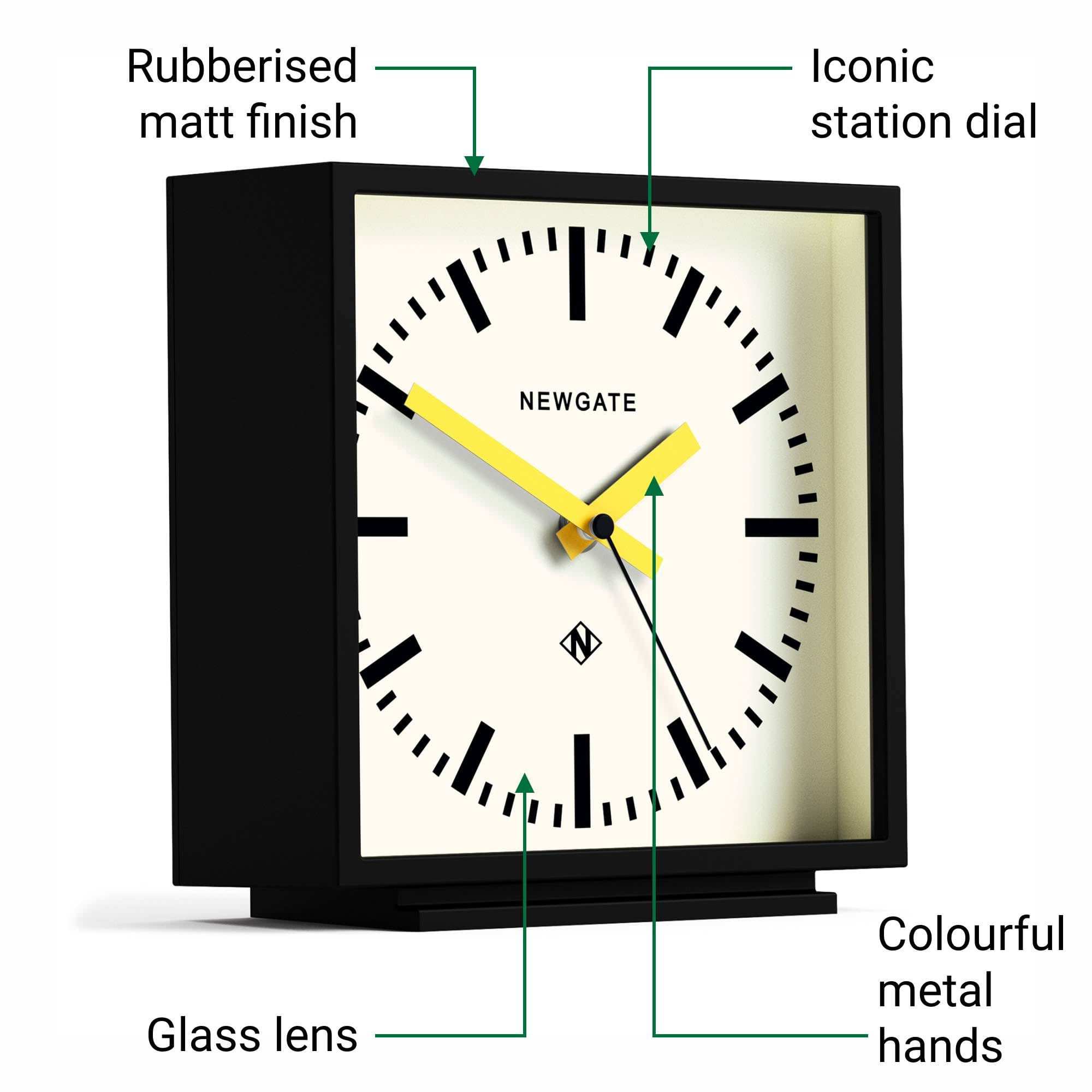 NEWGATE® Amp Reloj de Escritorio | Diseño Cuadrado del Reloj de estación | Caja Negra con Manos Amarillas | Estilo Moderno para Escritorio, encimera, repisa, estantería o mesilla