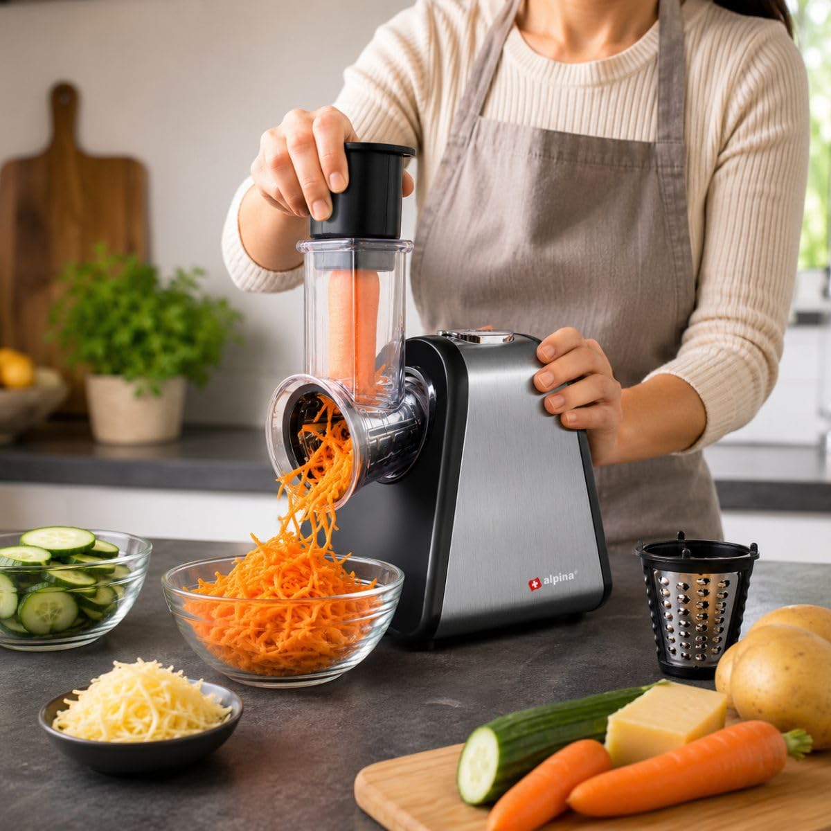 alpina Mandoline Cuisine Électrique - Coupe Legumes Multifonctions - Hachoir Électrique en Acier Inoxydable - Mandoline Coupe-Légumes - Coupe Legume - Hachoir à légumes, Argenté.