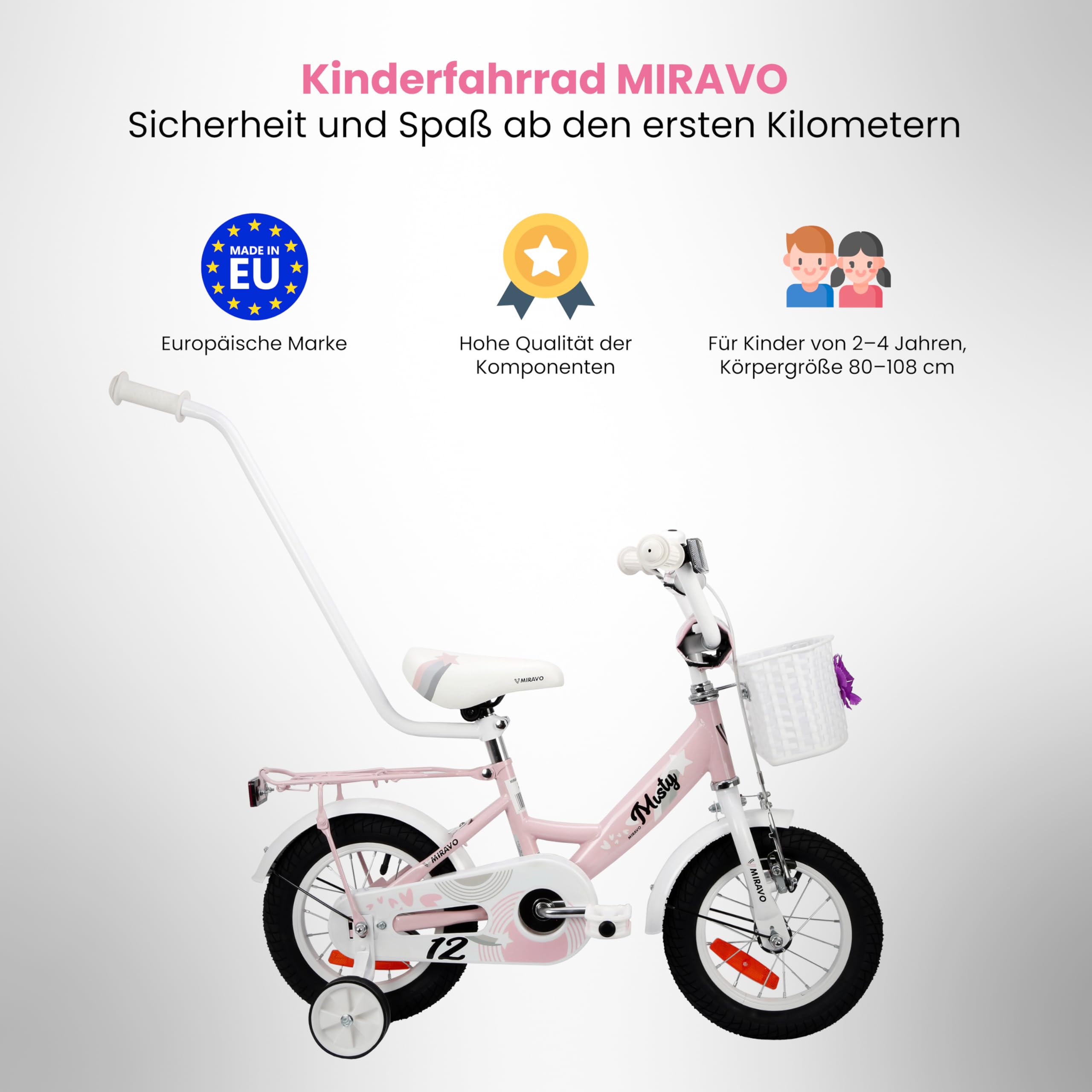 Kinderfahrrad Fahrrad Kinder Ab 2 Bis 8 Jahre Schubstange V-Brake Bremsen Rückstrahl Aufkleber 12 16 20 Zoll Radgröße Korb Für Mädchen Misty