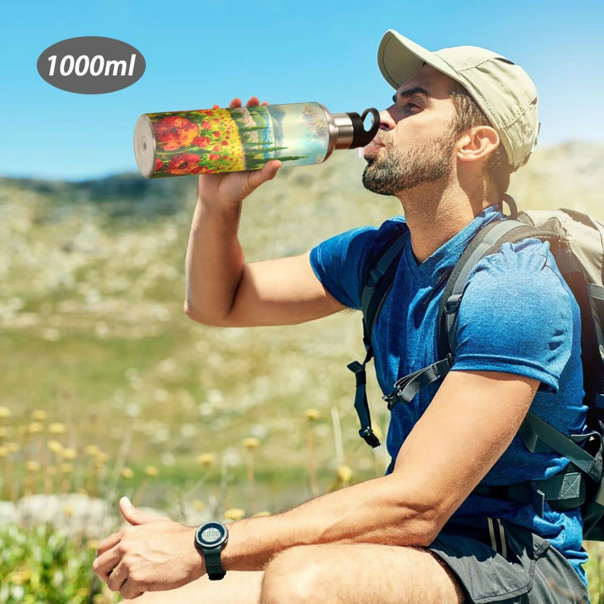 Edelstahl Wasserflasche mit Strohhalm, rote Mohnblumen isolierte Trinkflasche Sport Wasserflasche für Kinder Erwachsene, auslaufsicher, 1L