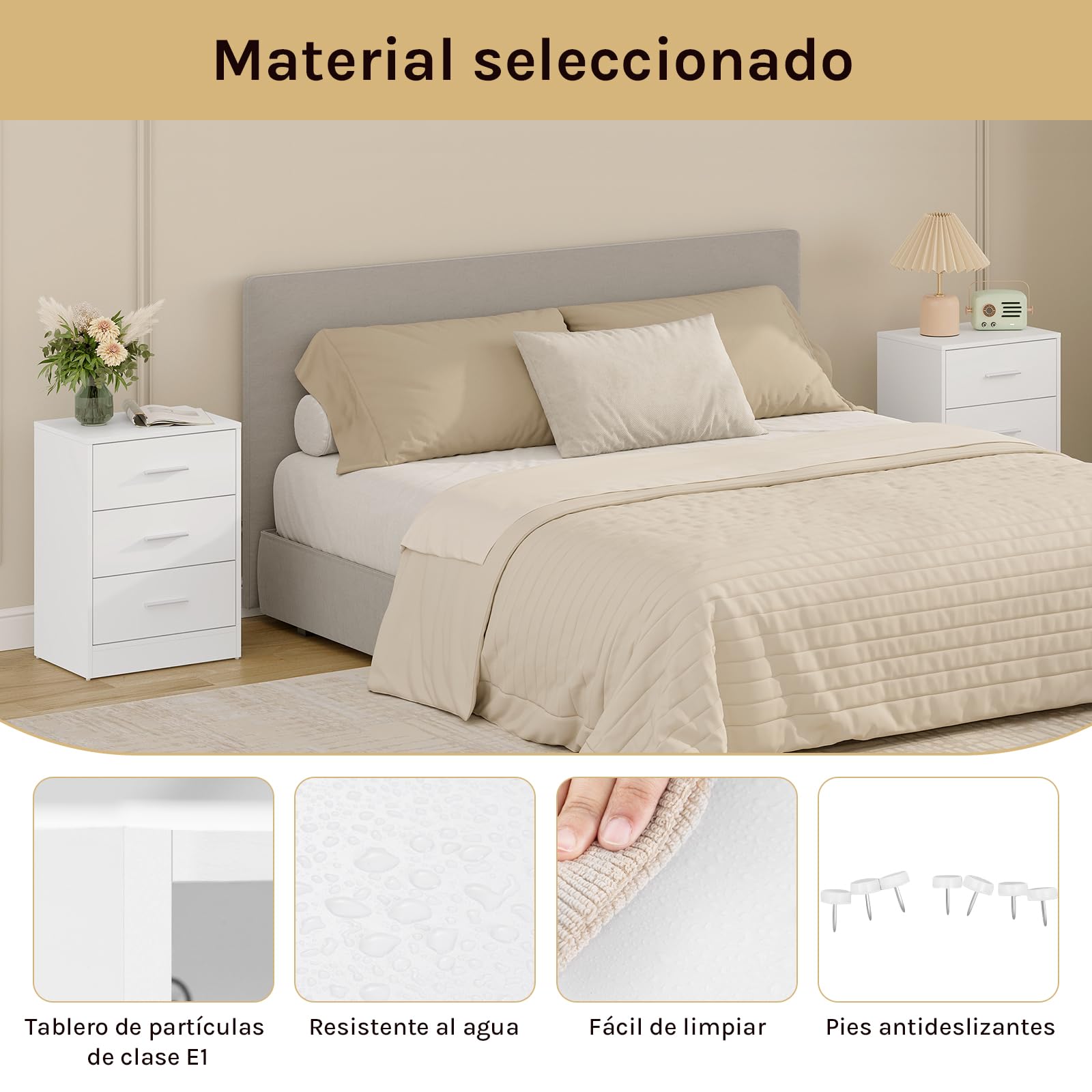 WOLTU Juego de 2 Mesitas de Noche con 3 Cajones, Mesillas para Dormitorio, Estilo Moderno, Estructura de Madera, 39 x 28 x 54 cm, Blanco NTS26ws-2