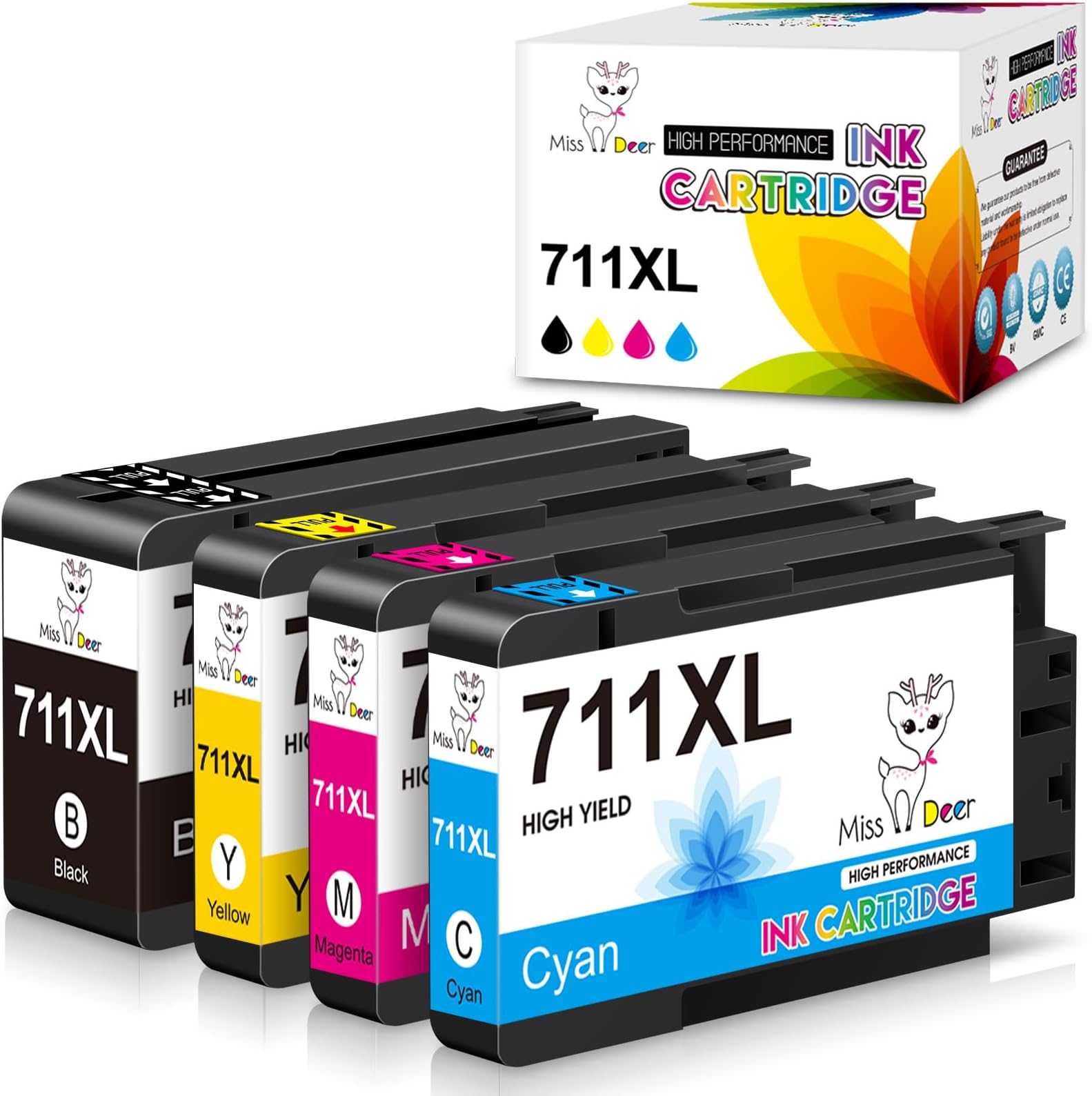 Miss Deer 711XL Ink Cartridges Replacement for HP 711 711XL Ink,Work for HP Designjet T120 T520 24-in T520 36-in Printer (Black,Cyan,Magenta,Yellow) 4 Pack