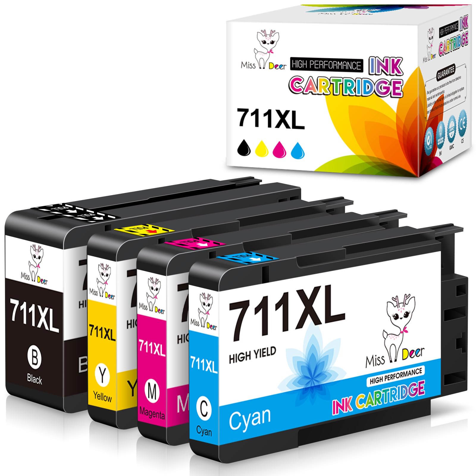 Miss Deer 711XL Ink Cartridges Replacement for HP 711 711XL Ink,Work for HP Designjet T120 T520 24-in T520 36-in Printer (Black,Cyan,Magenta,Yellow) 4 Pack