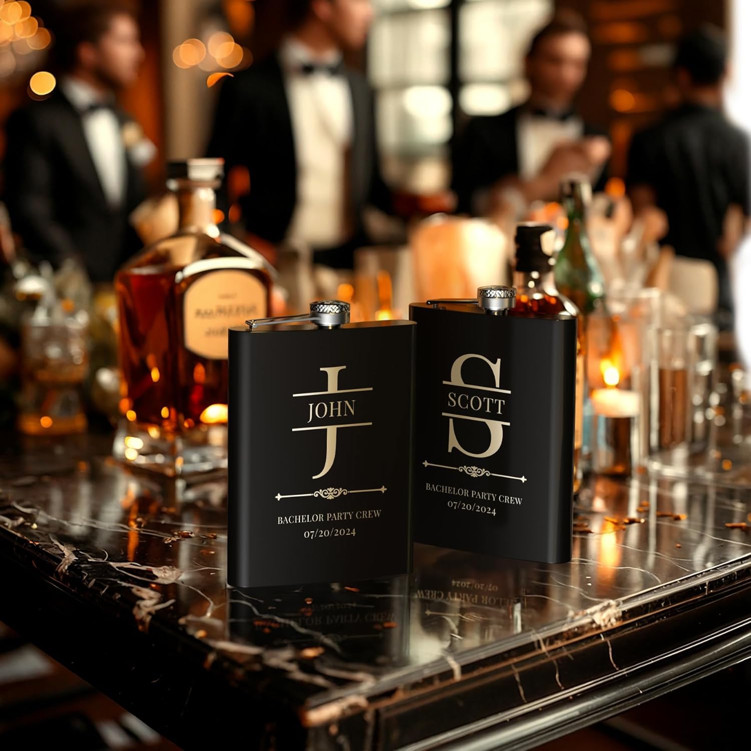 Groomsmen Flasks, Set of 8 Personalized Groomsmen Gifts for Wedding, Custom Engraved Whiskey 304 Steel Stainless Flasks for Groomsman Best Man Groom Father of Bride, Black