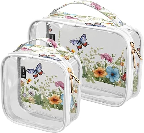 Butterfly Flowers Floral Clear Toiletry Bag for Traveling,2 Pack Makeup Cosmetic Bag with Zipper,Travel Bag for Toiletries,Travel Essentials 21214427