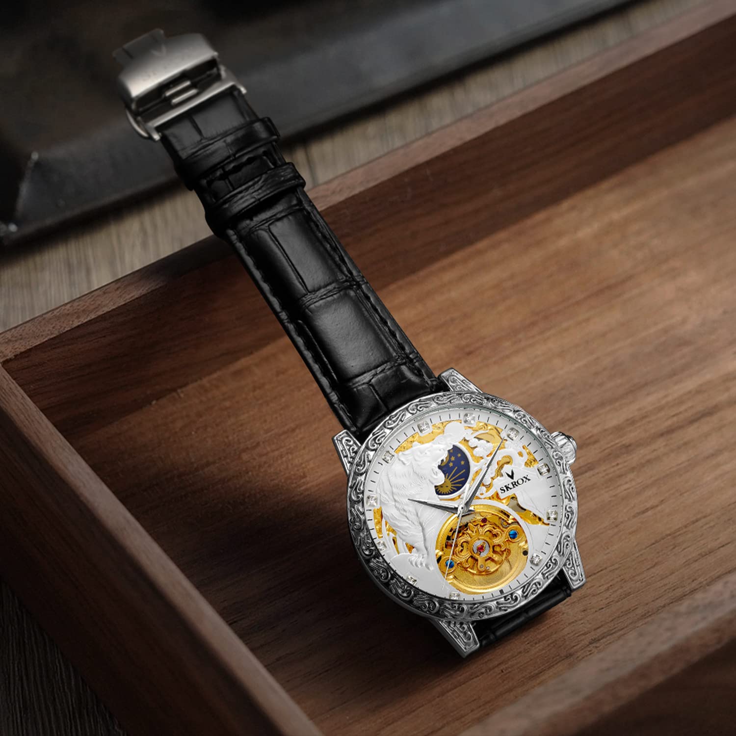 FORSINING Orologio da uomo di lusso, scheletro, fasi lunari, automatico, a carica automatica, con cinturino in vera pelle