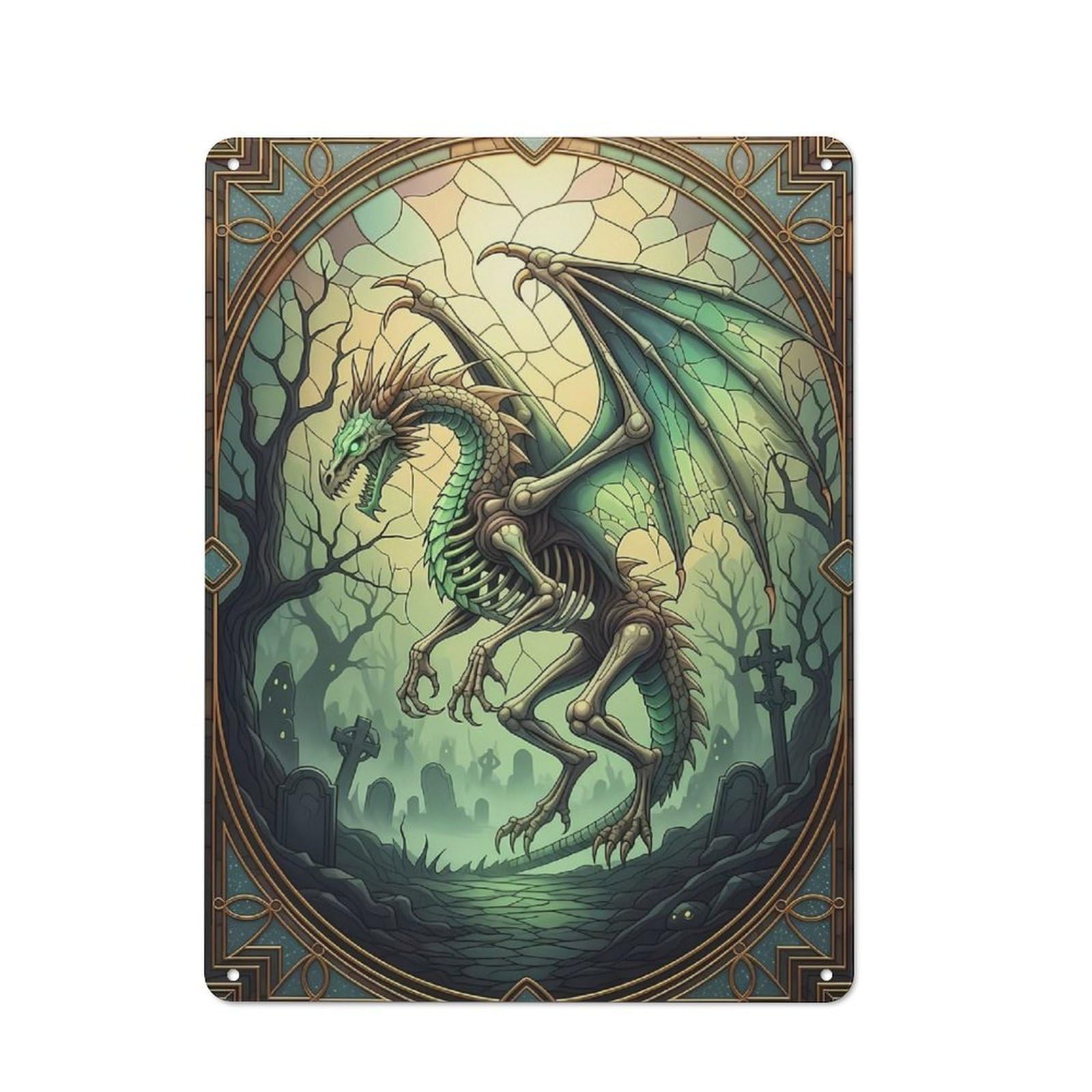 Junmoney Style-13 Metal Wall Sign 40X30cm Featuring Skeletal Dragon In Graveyard Stained Glass For Workshop Wall, For Room Styling Across Workshops And Hobby Rooms