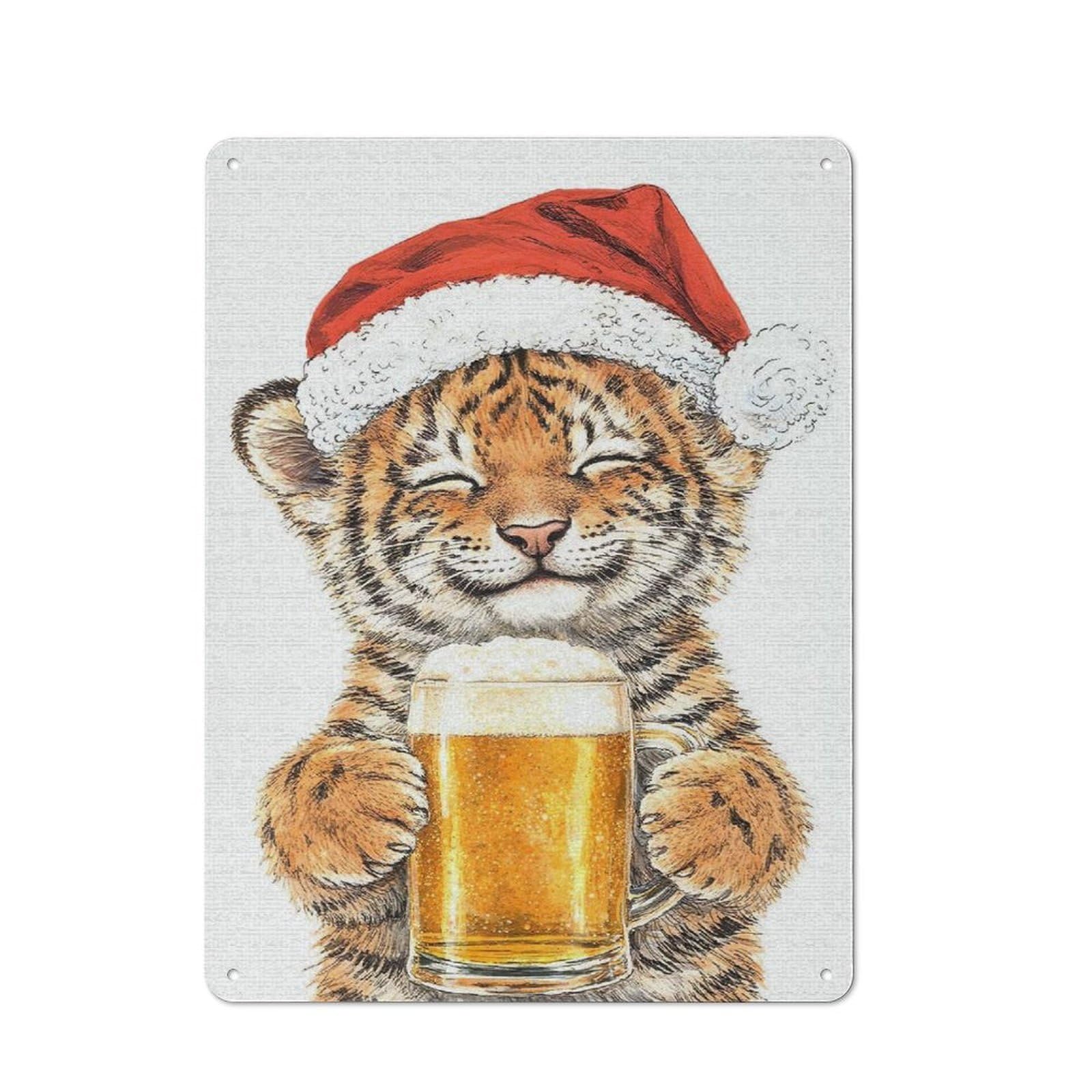 Country Country Metal Sign 40x30cm Featuring Cute Tiger Cub in Santa Hat with Beer, Rustic Kitchen Decor for Cottage, Kitchen, Hallway Or Breakfast Nook