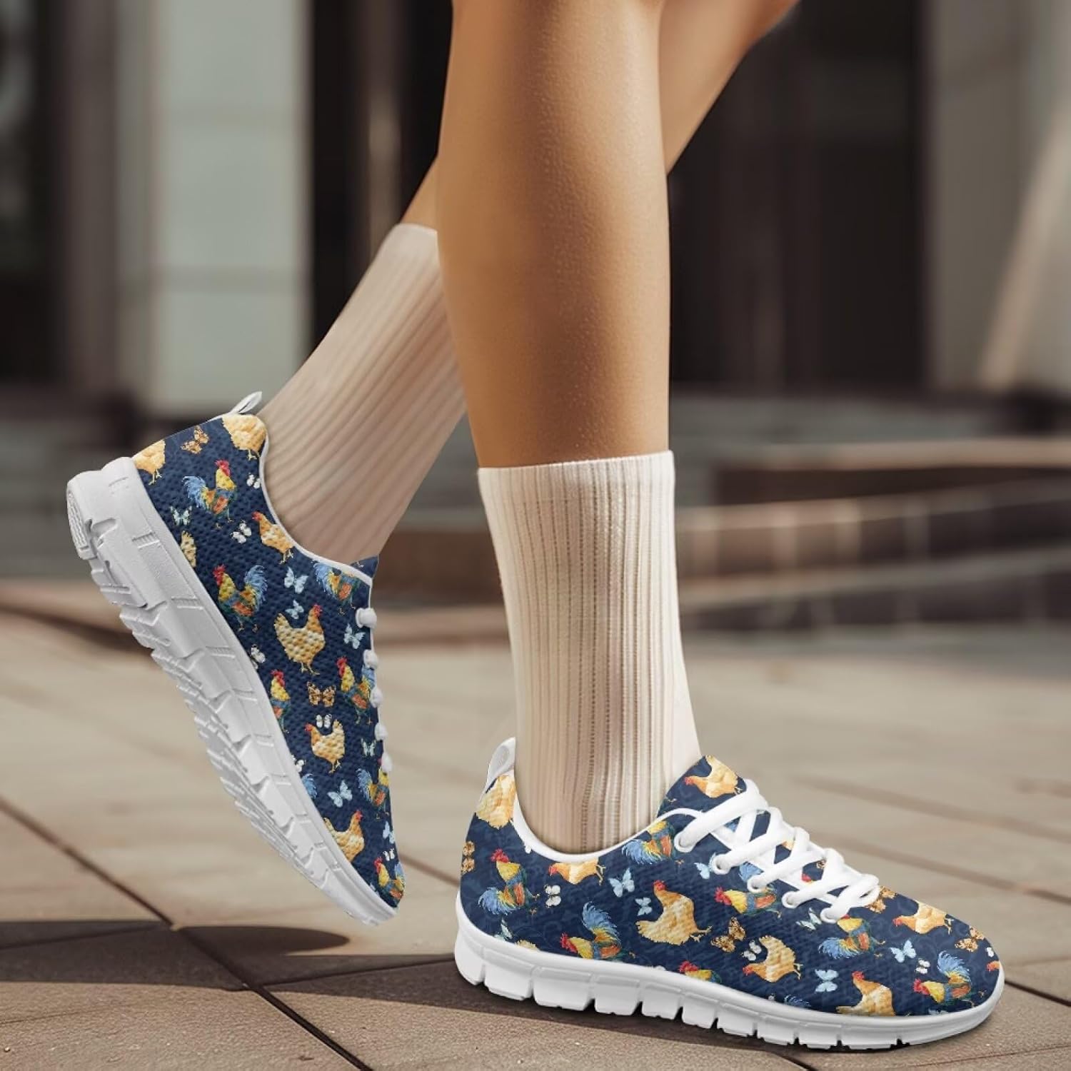 Jeiento Women's Shoes Cartoon Rooster Athletic Fashion Sneakers Lace-Up Walking Shoes Mesh Breathable Flat Low Top Comfortable Footwear