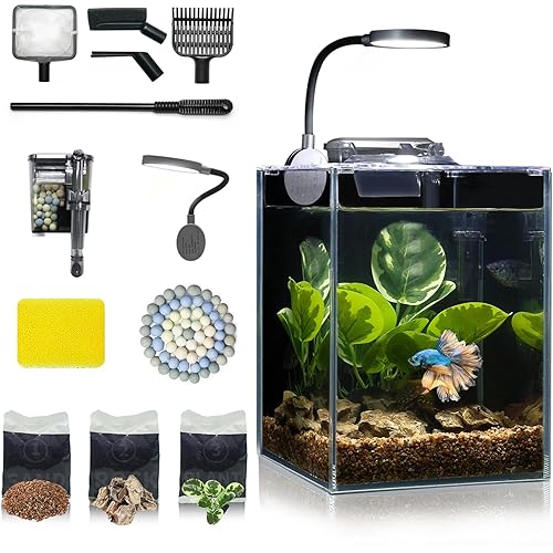Desktop Betta Small Aquarium Glass Fish Tank 1.25 Gallons Complete Set, Self Cleaning Filter System Bright LED Light Gravel Plant Cleaning Tool, Starter Kit Small Space Easy Setup Space-Saving Design