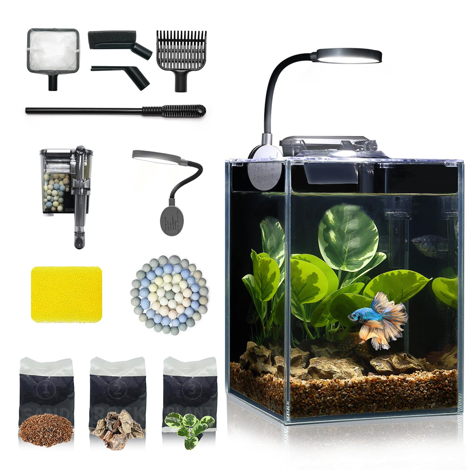 Aquarium Desktop-Set, Ultra-Klares Glas mit Selbstreinigungsfilter, Helles Licht, Heizung, Steine,Kies, Reinigungswerkzeug, Randloses Fischglas für Anfänger Starterkit