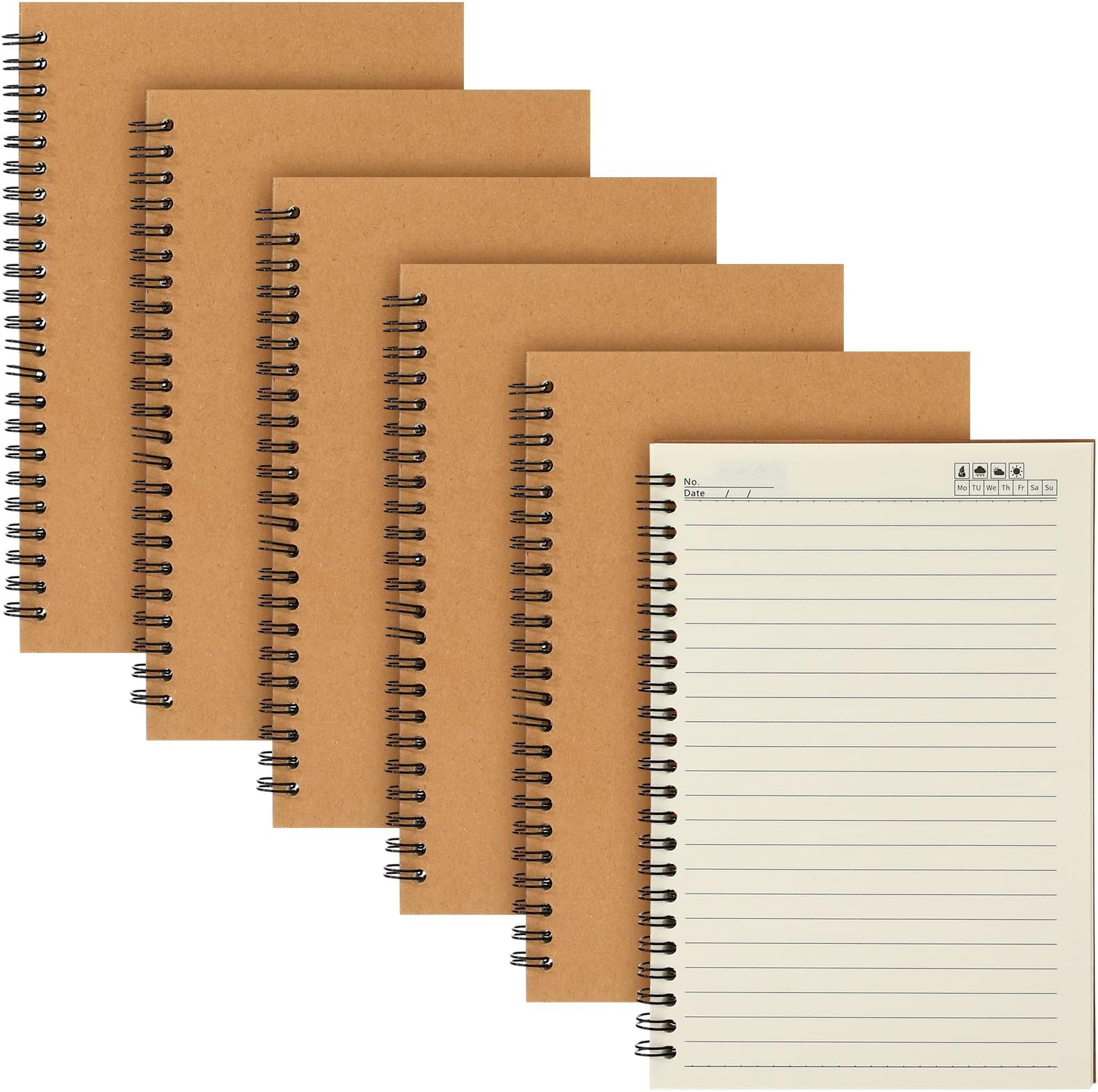 Epakh 6 Pack Spiral Notebooks A5 Bulk Back to School Hardcover Spiral Journal Notebook 5.5 x 8.3 Inch, First Day of School Journal Paper Notebook for Writing, 50 Sheets 100 Page (Lined,Brown)