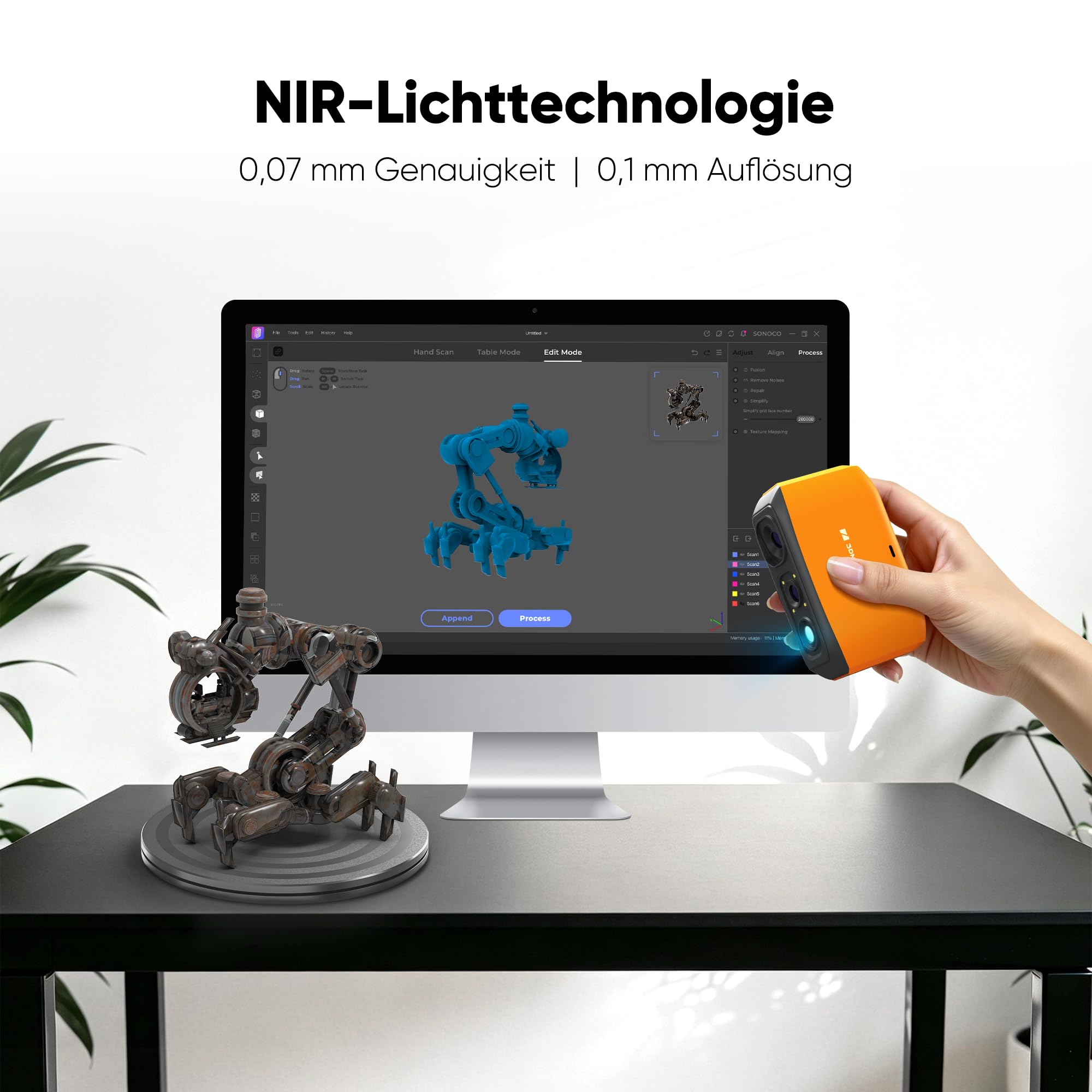 3DMakerpro Fox 3D Scanner für 3D Drucker, Handheld 3D-Scanner mit markerloser KI-Verfolgung, 0,07 mm Präzision, Schnelles Scannen für 3D-Modellierung, Einsteiger-freundlich, inkl. Drehteller
