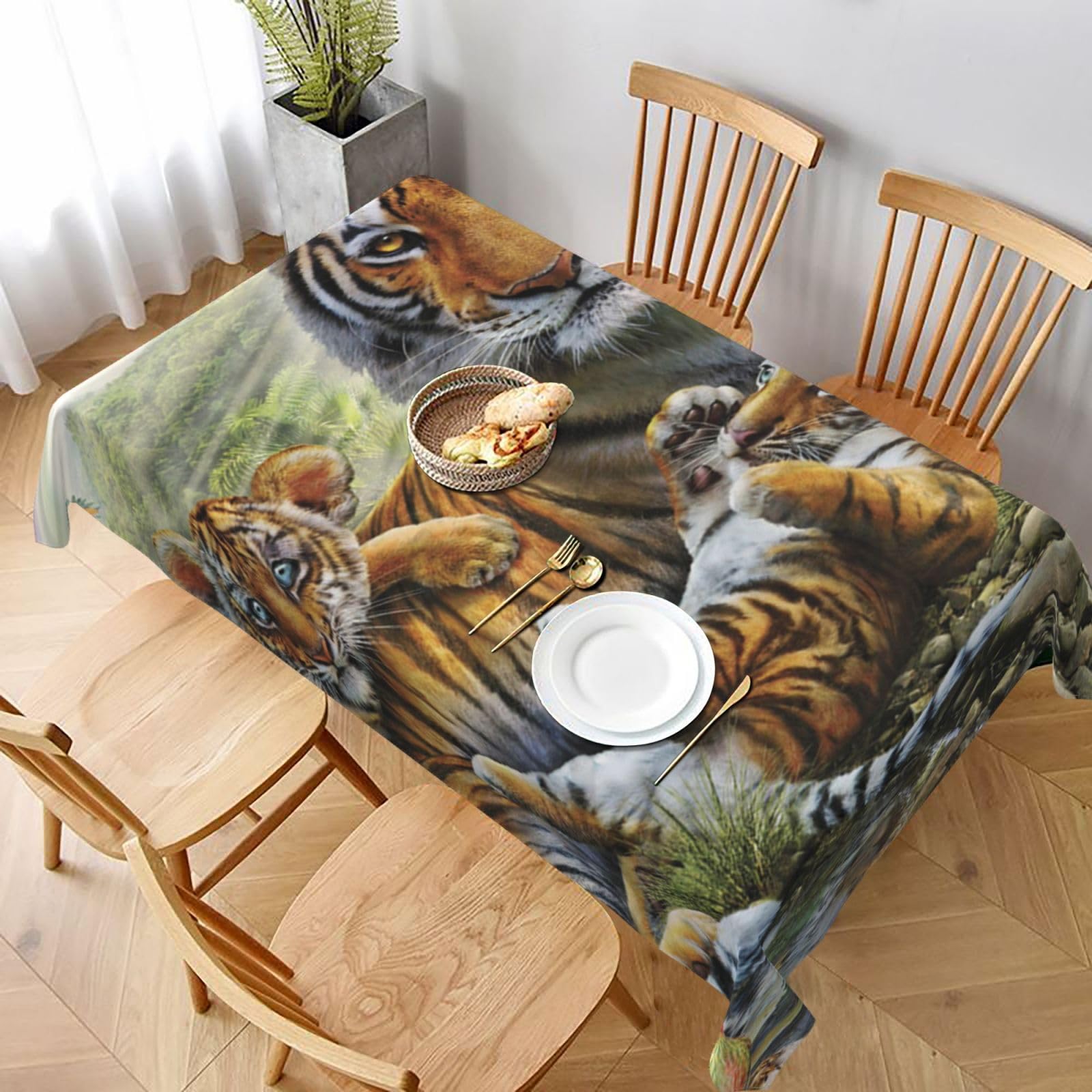 BNVSADC Jungle Tigers Cub Printed Rectangle Tablecloth 228x152 CM, Water Resistant Polyester Table Cloth Decorative Fabric Table Covers for Kitchen Dining Table Parties Camping