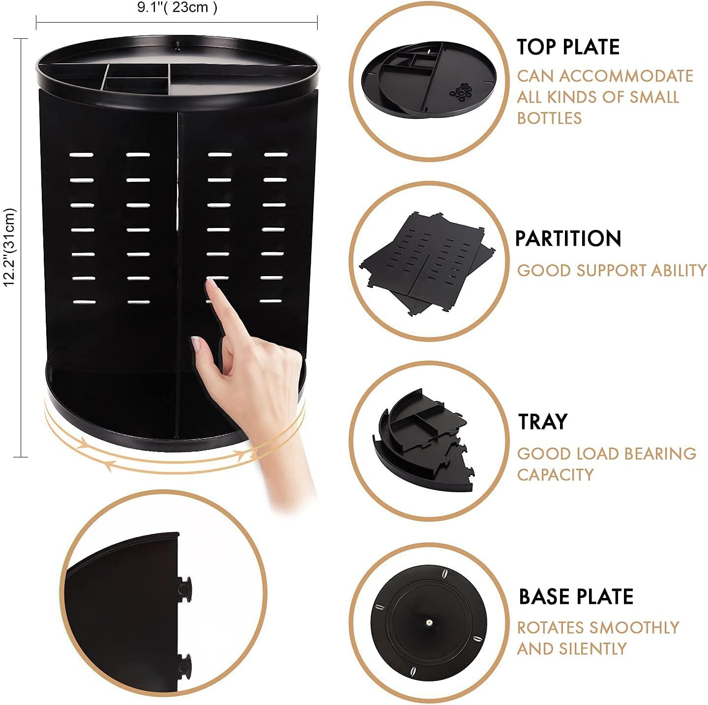 ROYALHOUSE 360 Rotating Makeup Organizer -Rotatable and Adjustable Shelf Height. Cosmetic Black Plastic Organizer with 7 Layers Large Capacity for Bedroom Dresser or Countertop