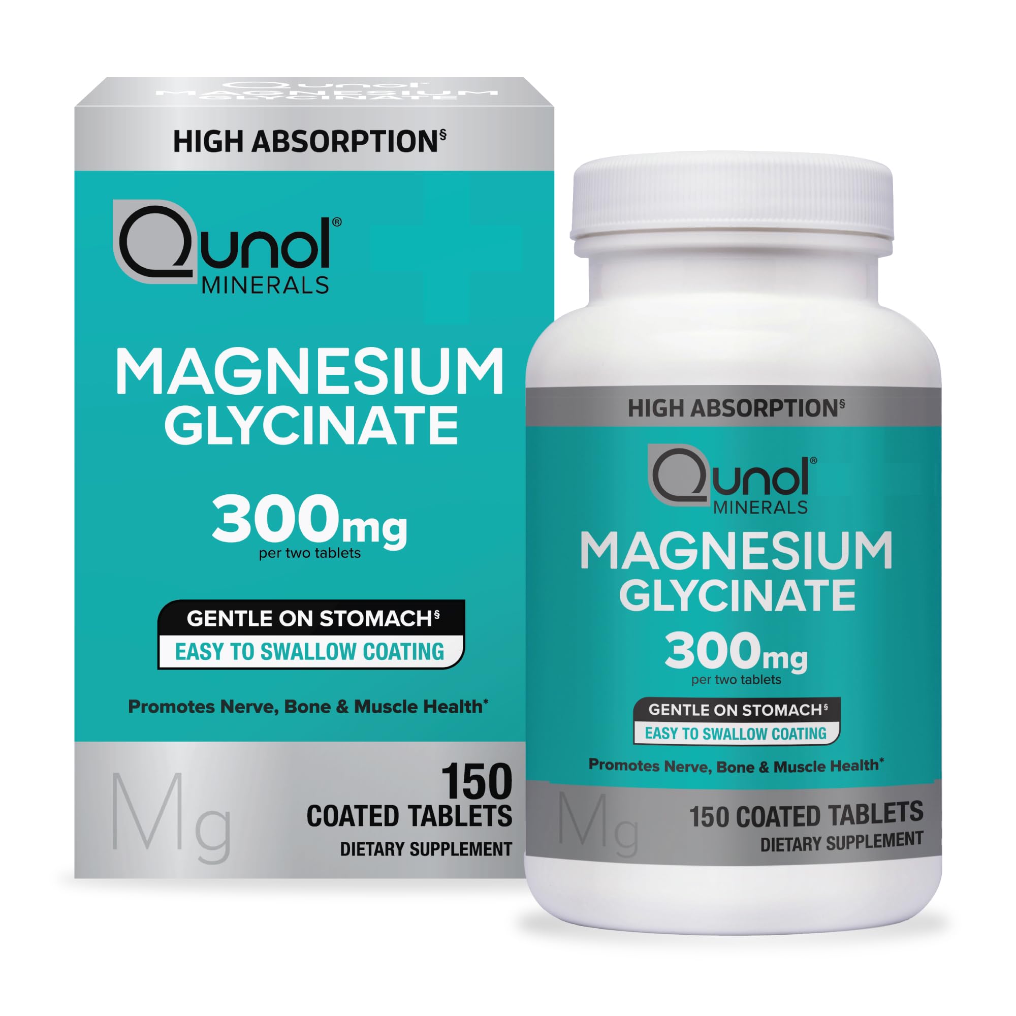 Qunol Magnesium Glycinate 300mg, 100% Glycinate Chelated Magnesium Supplement, 150ct Tablets
