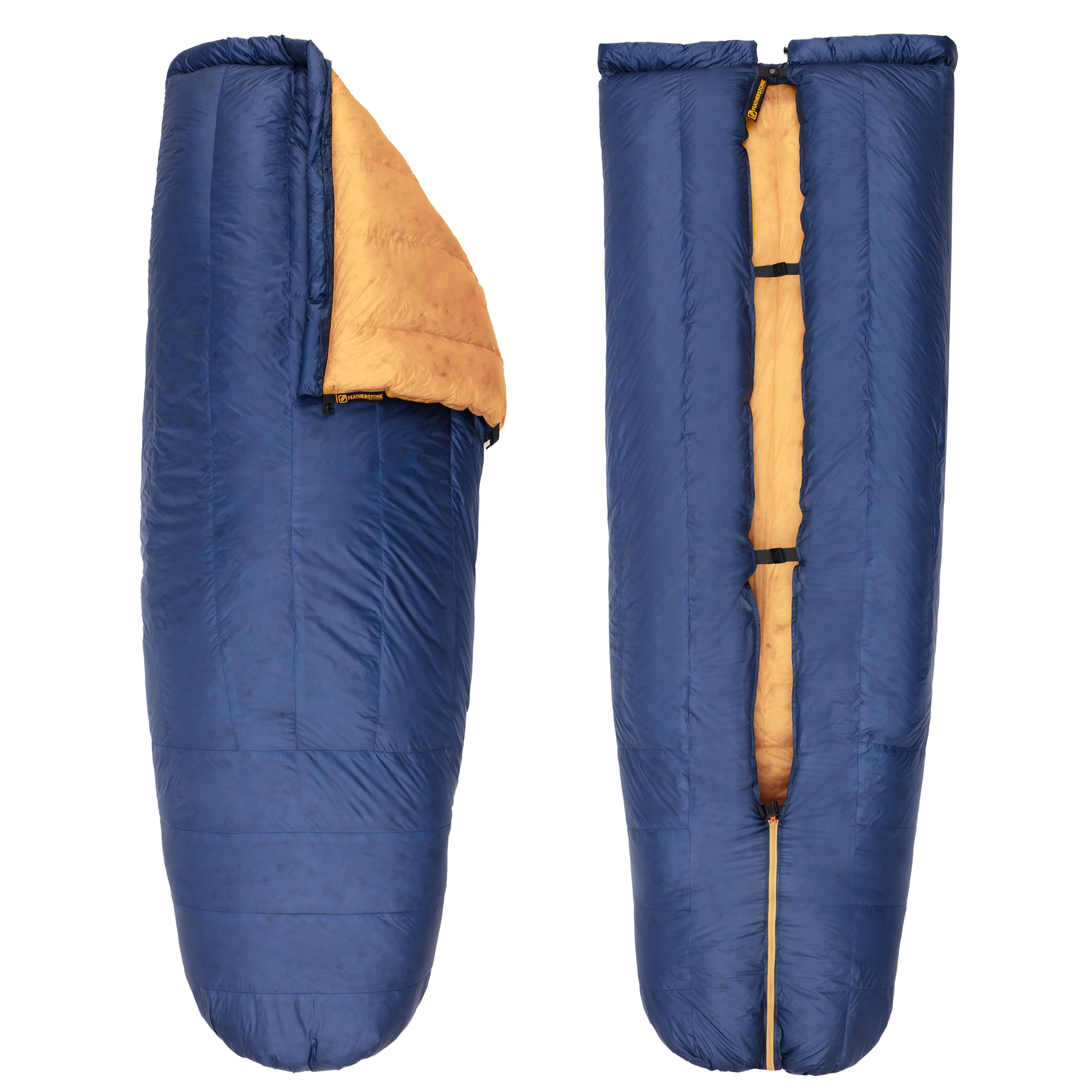 Featherstone Moondance 25 850 Fill Power Down Top Quilt Mummy Sleeping Bag Alternative for Ultralight Backpacking Camping and Thru-Hiking Color: Navy/Marigold Size: Long/Wide
