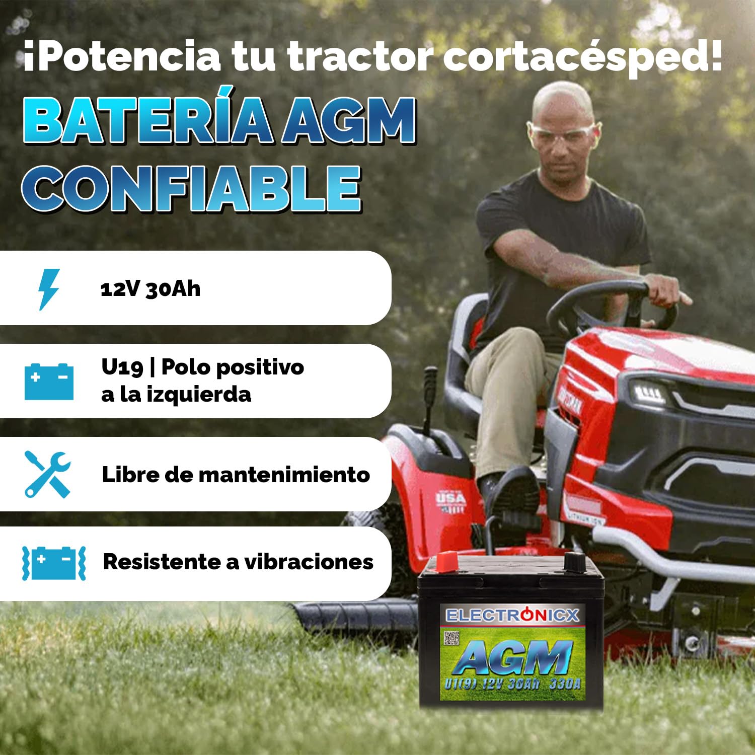 Electronicx AGM U1(9) 30AH 330A (EN) Batería para cortacésped con asiento, herramientas de jardín, batería de arranque, sin mantenimiento, tecnología AGM cerrada.