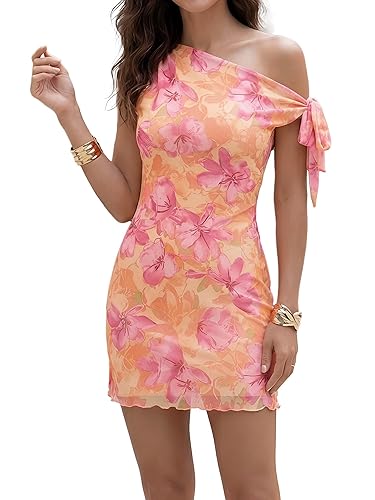 Women's One Shoulder Floral Mesh Mini Dress Summer Bodycon Sheer