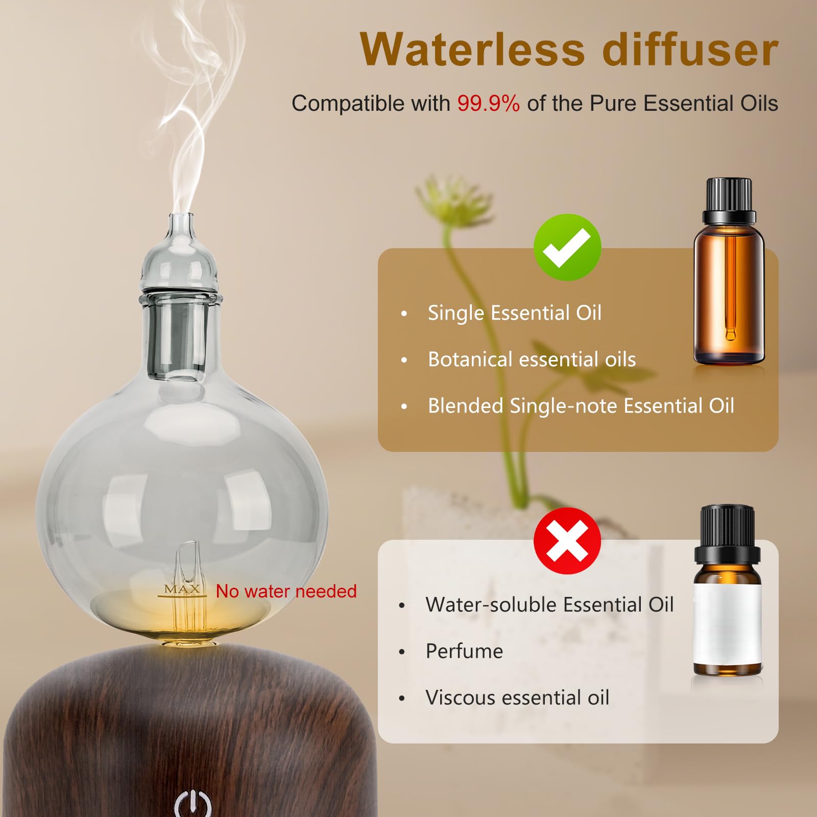 Diffusore senz'acqua per oli essenziali Lychee senza fili, a batteria, diffusore di arromaterapia, nebulizzatore per nebbia con 2 modalità, inizio ciclo, per ambienti da 50 a 80 m² Home Off