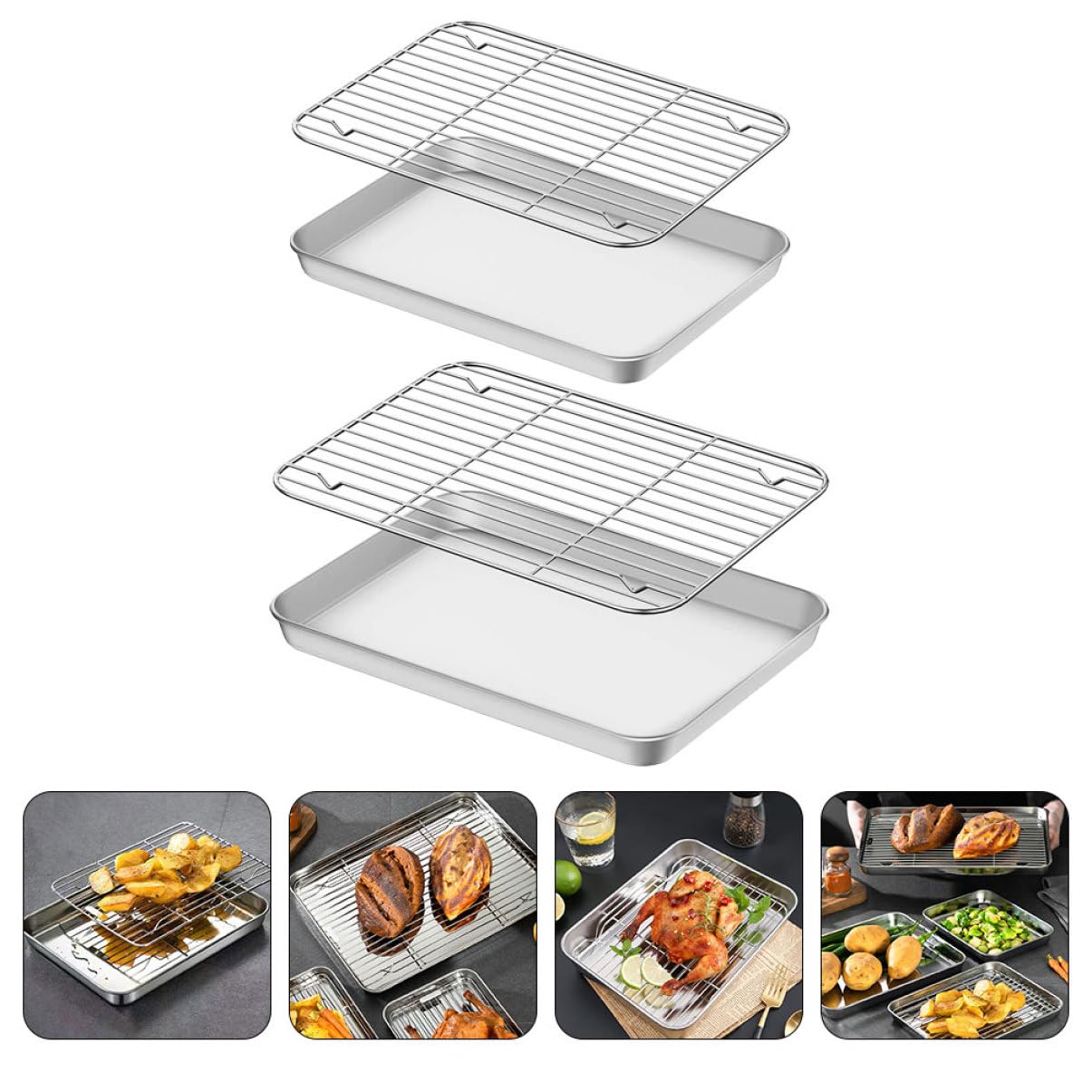 Garneck 2 juegos Bandejas para Horno de Acero Inoxidable con Rejilla para Asar y Enfriar Compacto y Resistente y Fácil de Limpiar para Galletas Pasteles y Carnes