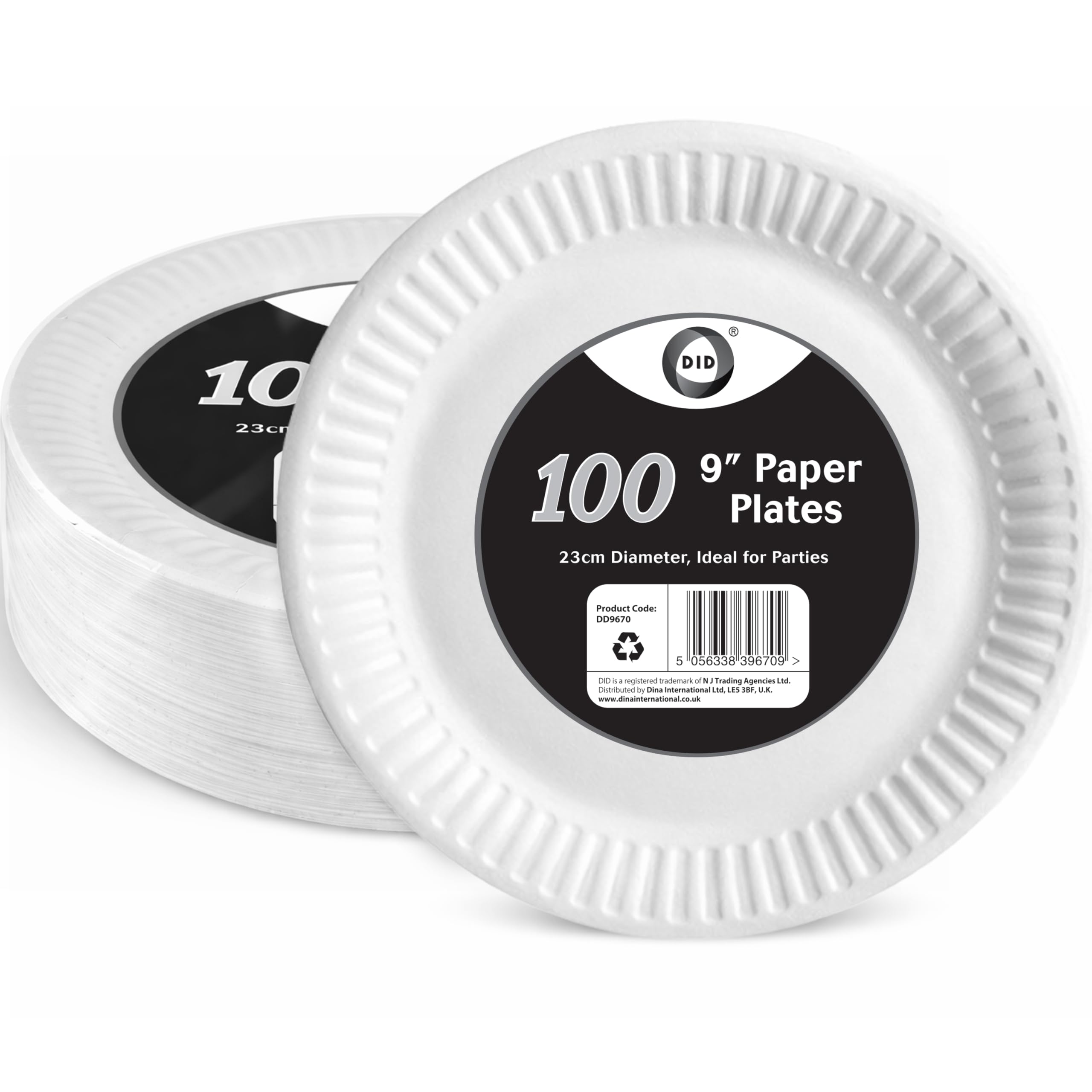 DID, 9-inch Paper Plates, 23cm White, Compostable Biodegradable Disposable Round Party Paper Plate, Perfect for Everyday use, Ideal for Food Catering Parties, Camping, Picnics and Events - Pack of 100