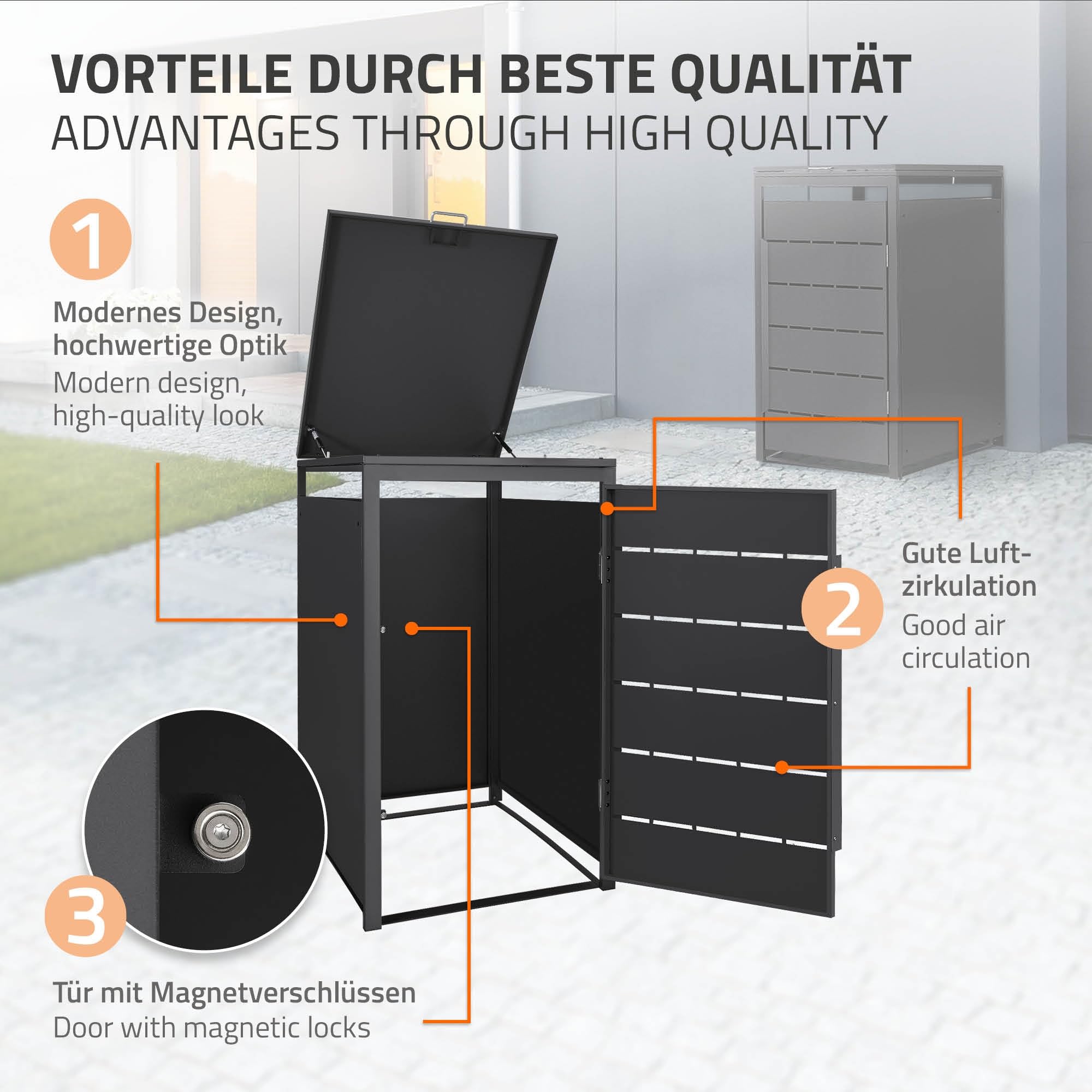 ML-Design Mülltonnenbox 1er 240L, Mülltonnenverkleidung für 1 Mülltonne, Müllbox wetterfest, Mülltonnenhaus aus Stahl, Müllcontainer mit Klappdeckel & Tür, Gerätebox erweiterbar 68x80x120 cm Anthrazit