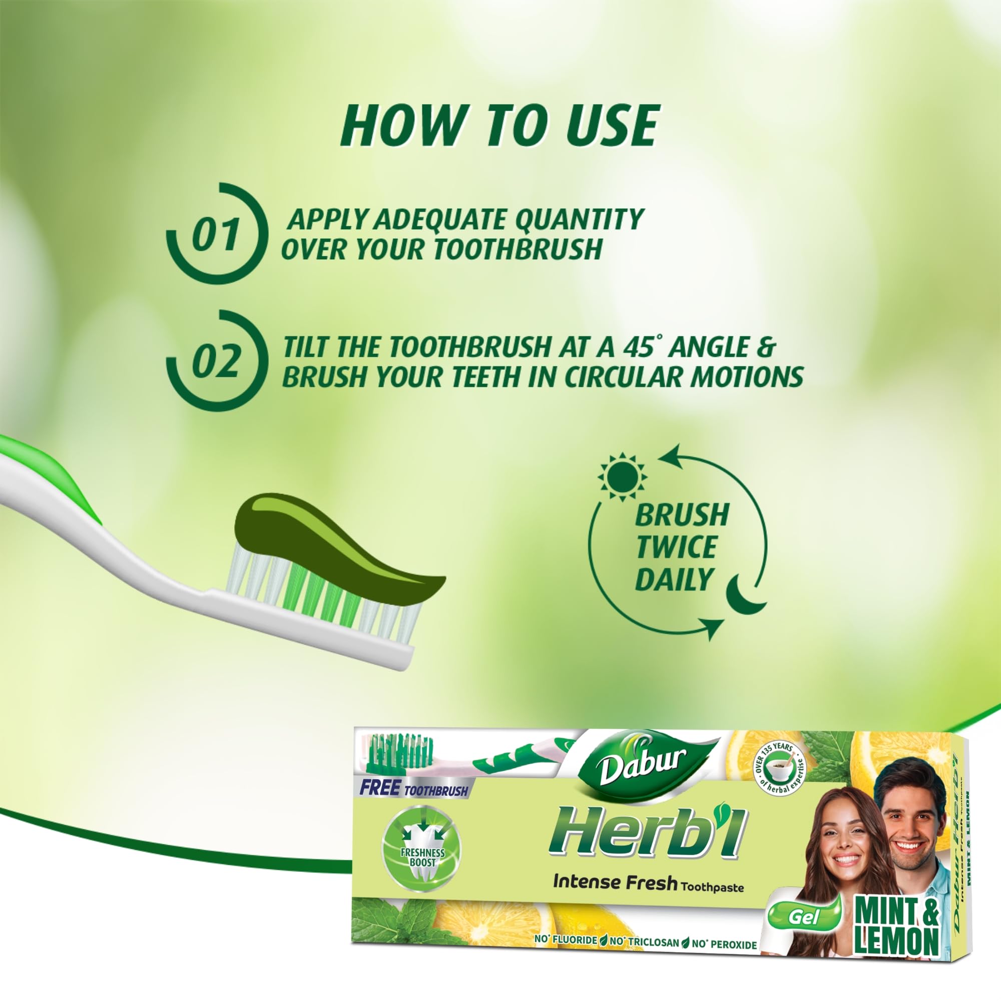 Dabur Herbal Intense Fresh Gel Toothpaste | With Blend of Mint & Lemon | Natural Gel Toothpaste For Fresh Breath - 150g + Toothbrush