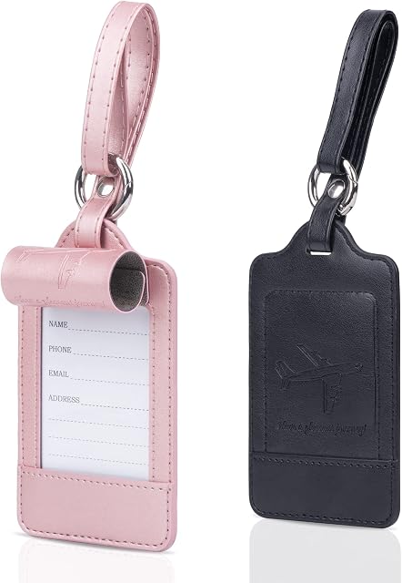 Arae Luggage Tags for Suitcase Handbags Backpacks, PU Leather Baggage Tag with ID Label and Full Privacy Protection Travel Accessories - 2 Packs (Black + Rose Gold
