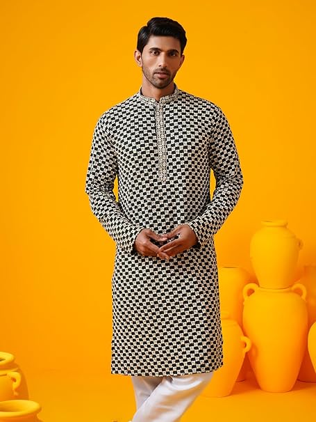 SOJANYA (Since 1958 Men's Cotton Rayon Sequinned Embroidered Kurta with White Pyjama - Image 8