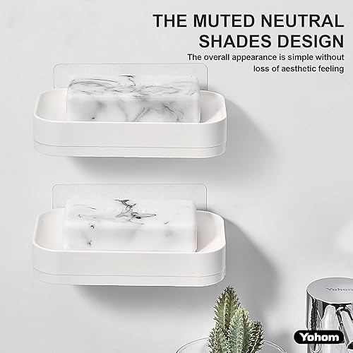 Miniatura 9 de YOHOM Jabonera adhesiva con bandeja de drenaje, barra de ducha blanca, soporte para jabón montado en la pared para baño, soporte para bandeja de