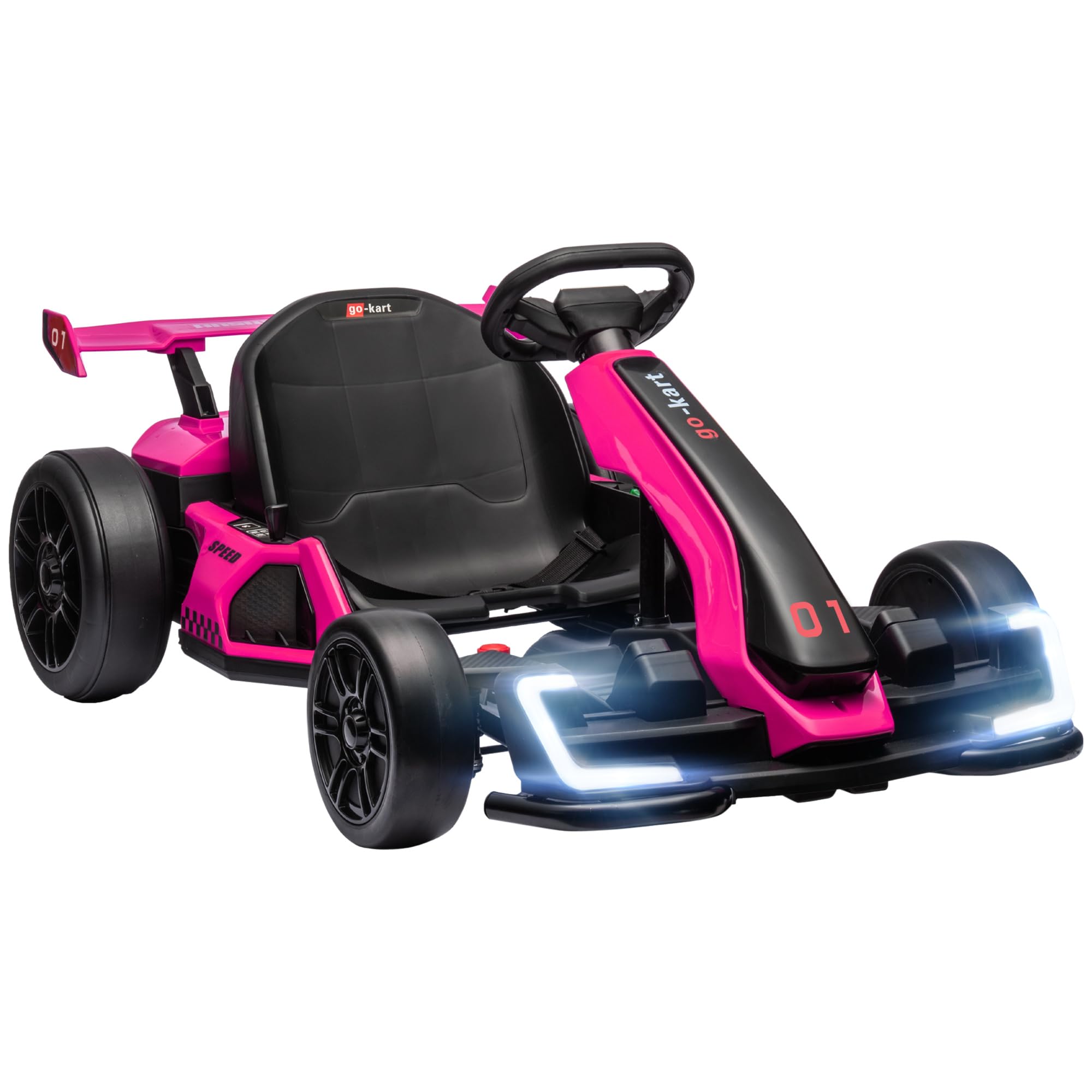 Aosom 24V 7.5 MPH Electric Go Kart with Adjustable Seat, Drifting Car Battery Powered Ride on Toy Outdoor with Slow Start, Button Start, Music, Honking Horn, Lights, for 6-12 Years Old, Pink