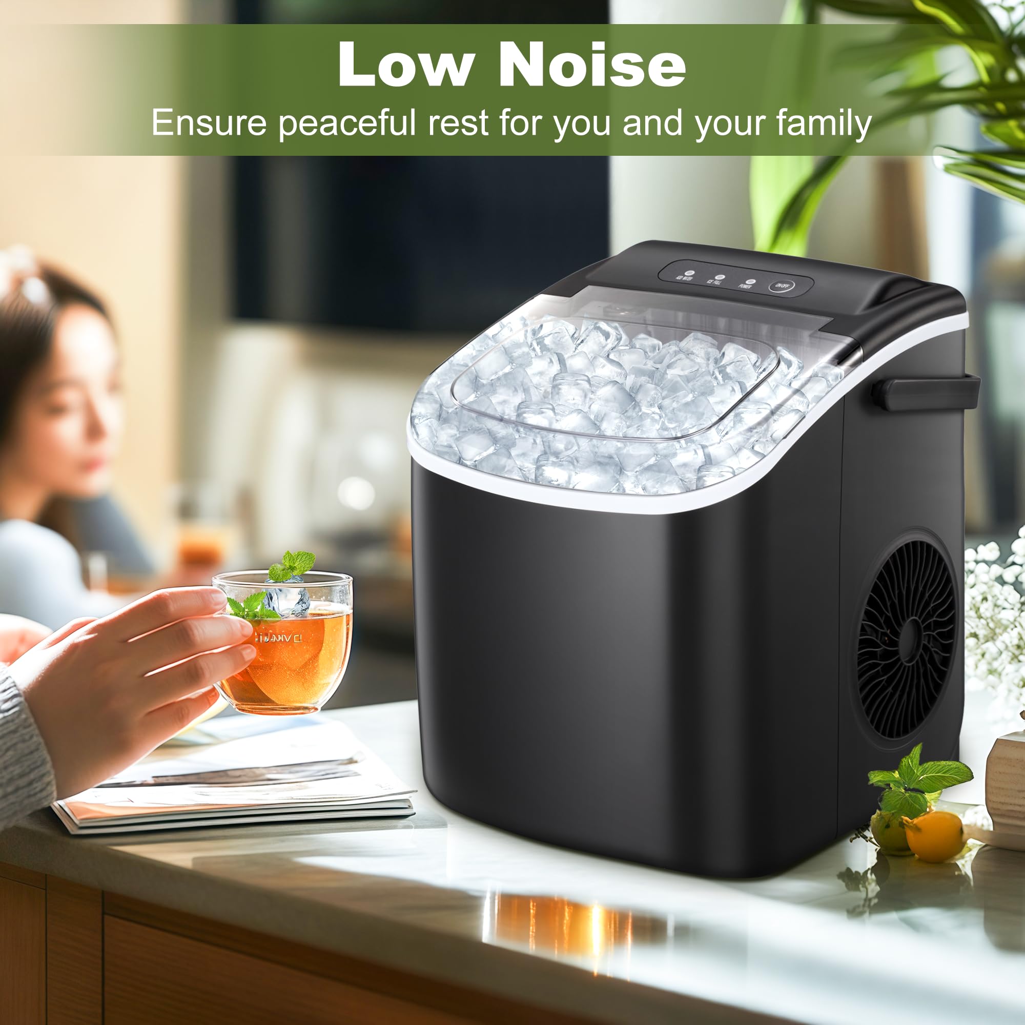 NicBex Ice Maker - Countertop Portable with Self-Cleaning, 26Lbs/24H, 9 Cubes in 6 Mins, 2 Sizes of Bullet Ice, All-Black on Fridge.com