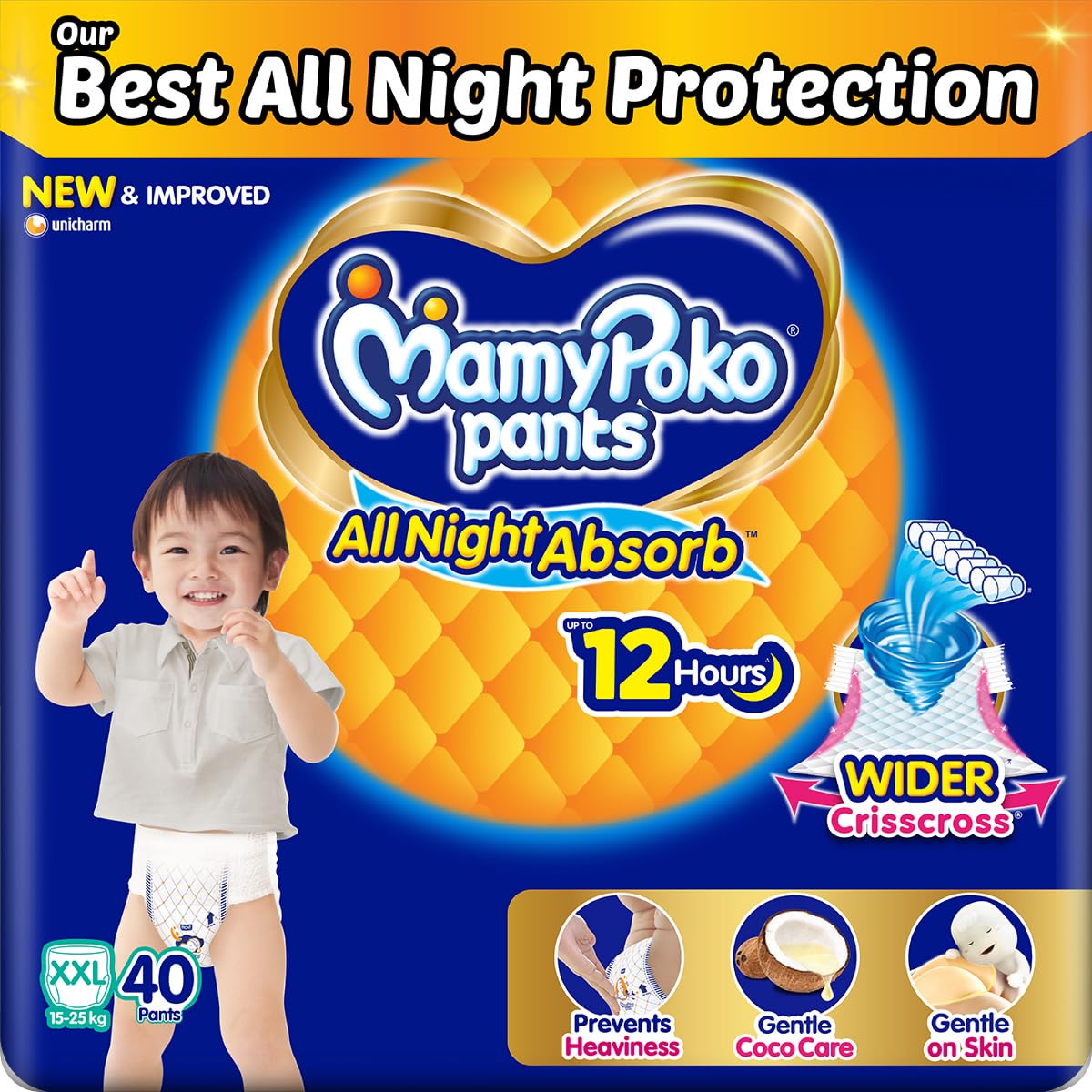 Mamypoko pants All night absorb| Pant Style Baby Diapers XX- Large Size(XXL), 40 Count, Ideal for 15-25Kgs|1 Diaper= Upto All night Absorption|Wider Crisscross Sheet|Gentle Coco Care| 12hr Leakage Protection| Prevents Heaviness.