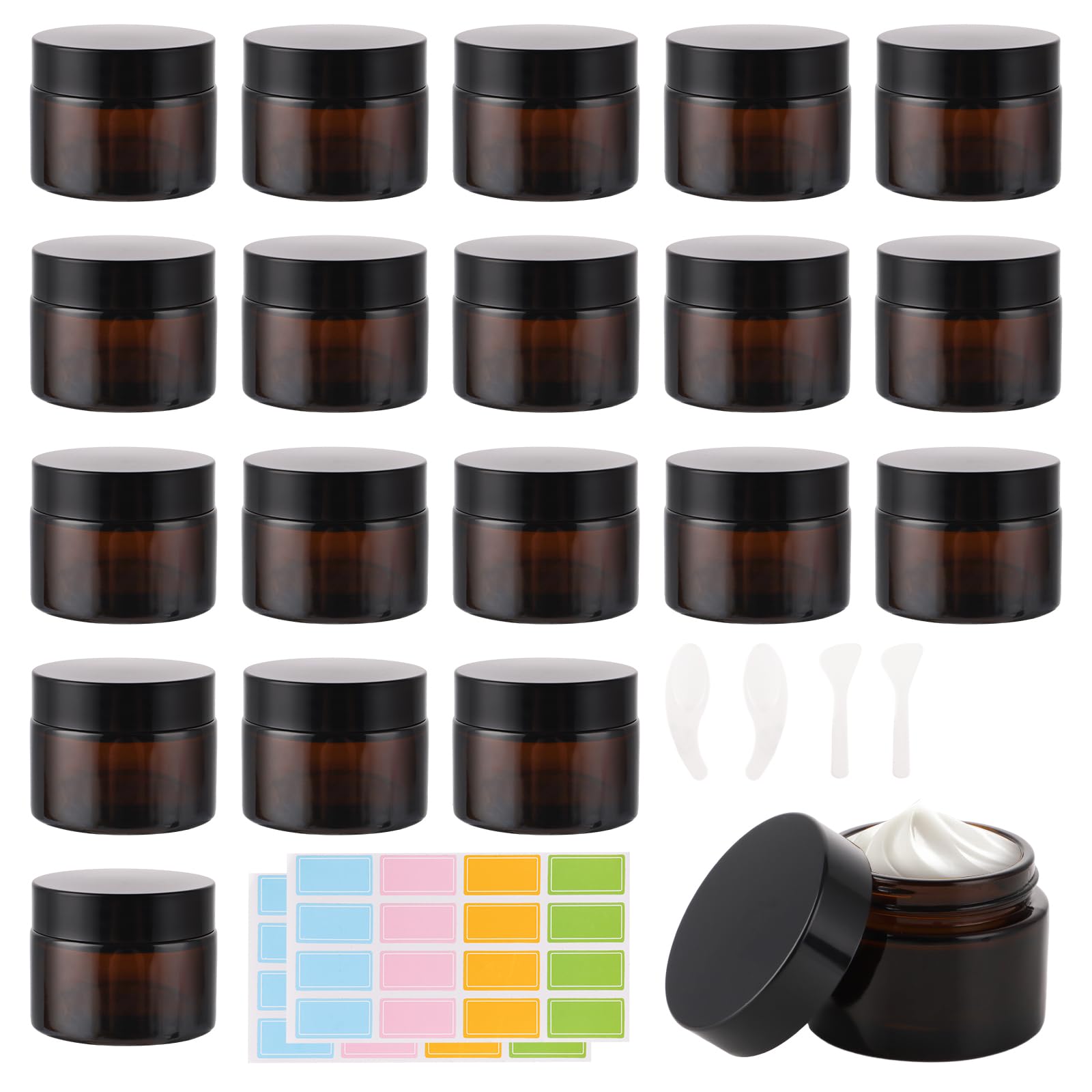 20 Stück Cremedosen zum Befüllen 50ml Glas, Glastiegel 50ml mit Deckel für Creme, Tiegel für Creme, Salbentiegel Braunglas mit Deckel und Liner für Kosmetika, Lotionen, Cremes
