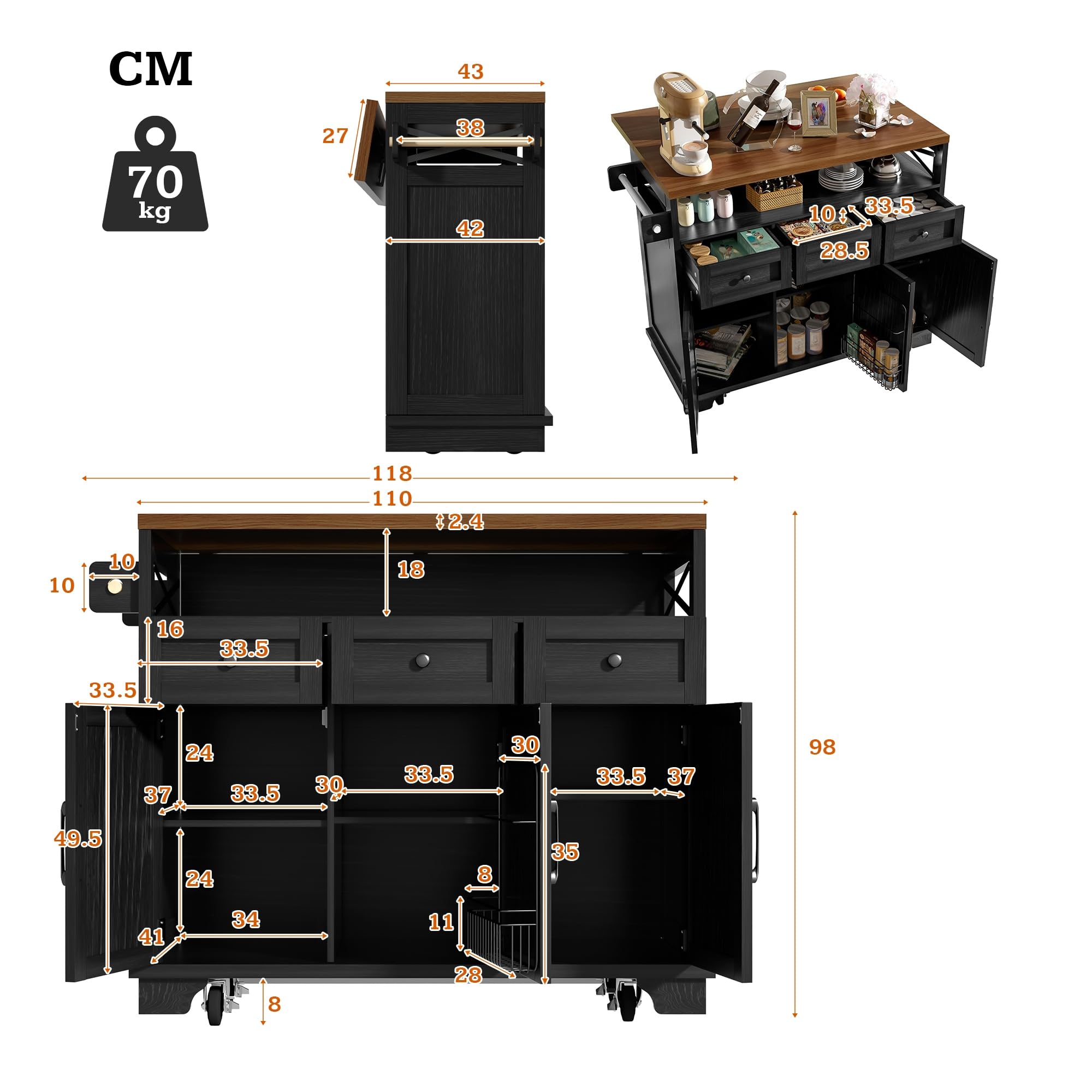 Isla Cocina con Ruedas y Tablero Plegable, Armario de Cocina con 3 Cajones y 3 Puertas, Mueble Auxiliar de Cocina con Toallero y Estante Ajustable, Kitchen Island, 118x43-70x98 cm, Negro
