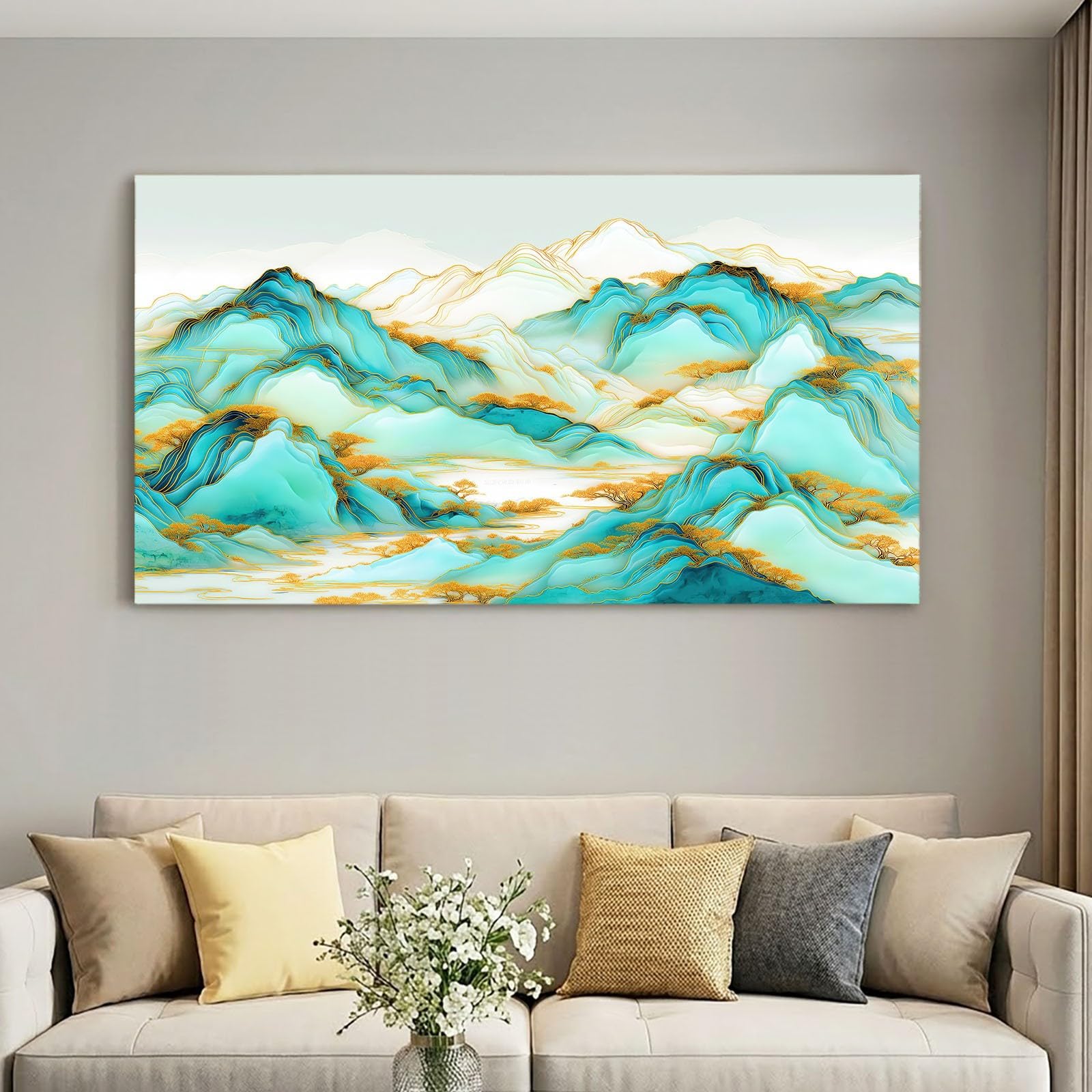 Leinwandbild 100 x 70 cm Leinwandbilder mit Abstrakt, Bild auf Leinwand - Kunstdruck auf Canvas, Bilder Wanddeko für Wohnzimmer, Schlafzimmer, Esszimmer, Tuschmalerei Landschaft Grün