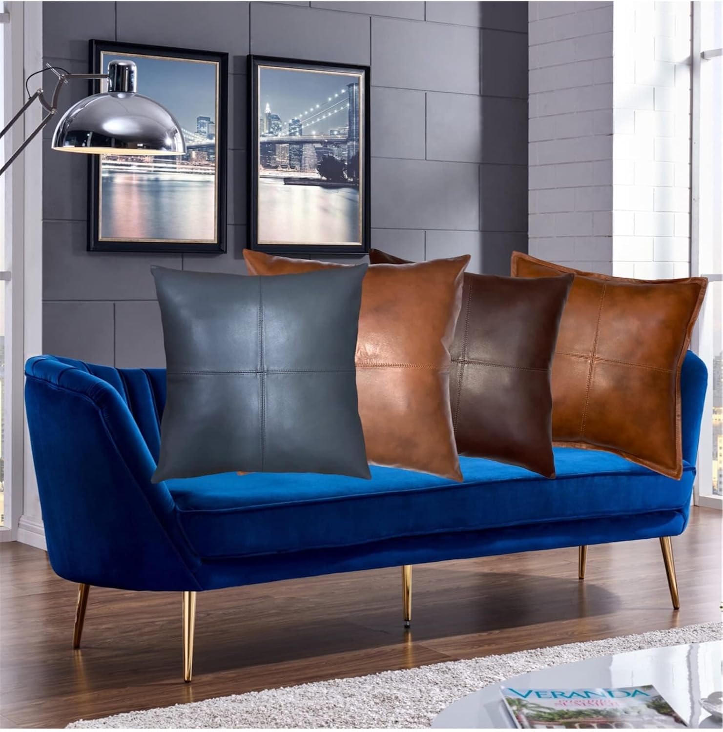 LEATHER FARM Thick Genuine Leather Pillow Cover Grey Decorative for Couch Throw Pillow Case Grey Leather Cushion Cover Solid Colour (20''x26'')