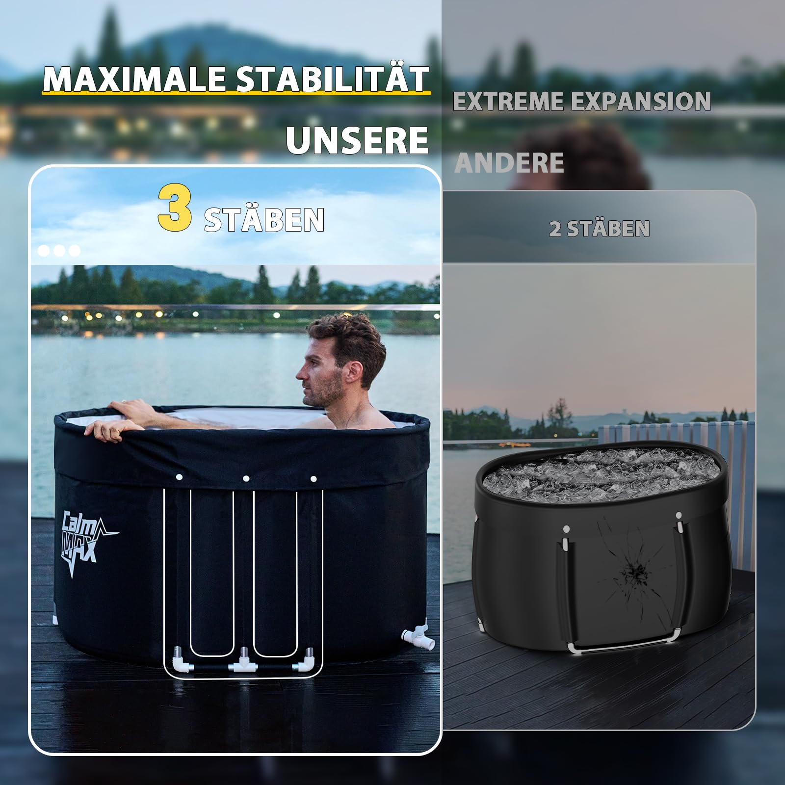 CalmMax Ovales Eisbad XL mit Abdeckung - Faltbare Badewanne Erwachsene, Isolierte Eistonne für Innen und Außenbereich, Kältetherapie für Athleten, Ice Bath/Cold Plunge für Zuhause