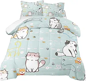Cat Bedding Set Twin Size, Cartoon Cats Comforter for Girls Kids Teens, Blue Lovely Quilt Animal Pattern Comforter Set Soft Breathable Cute Duvet Set for All Season 2Pcs with Pillowcase