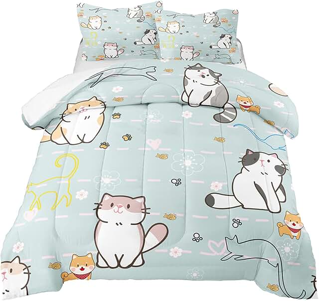 Blue cartoon cat twin comforter set