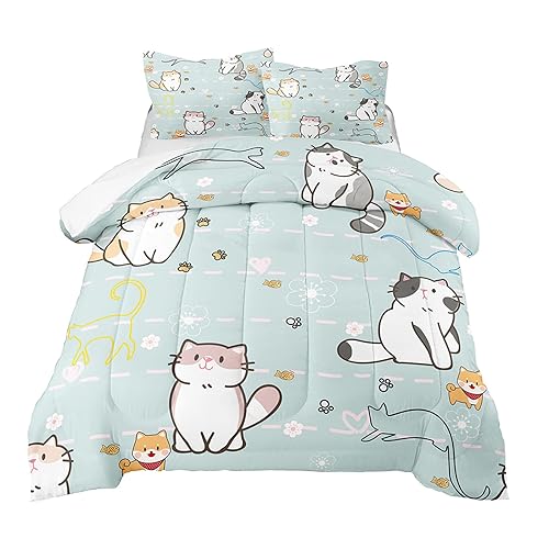 Cat Comforter for Girls Kids Teen, Cartoon Cat Bedding Set