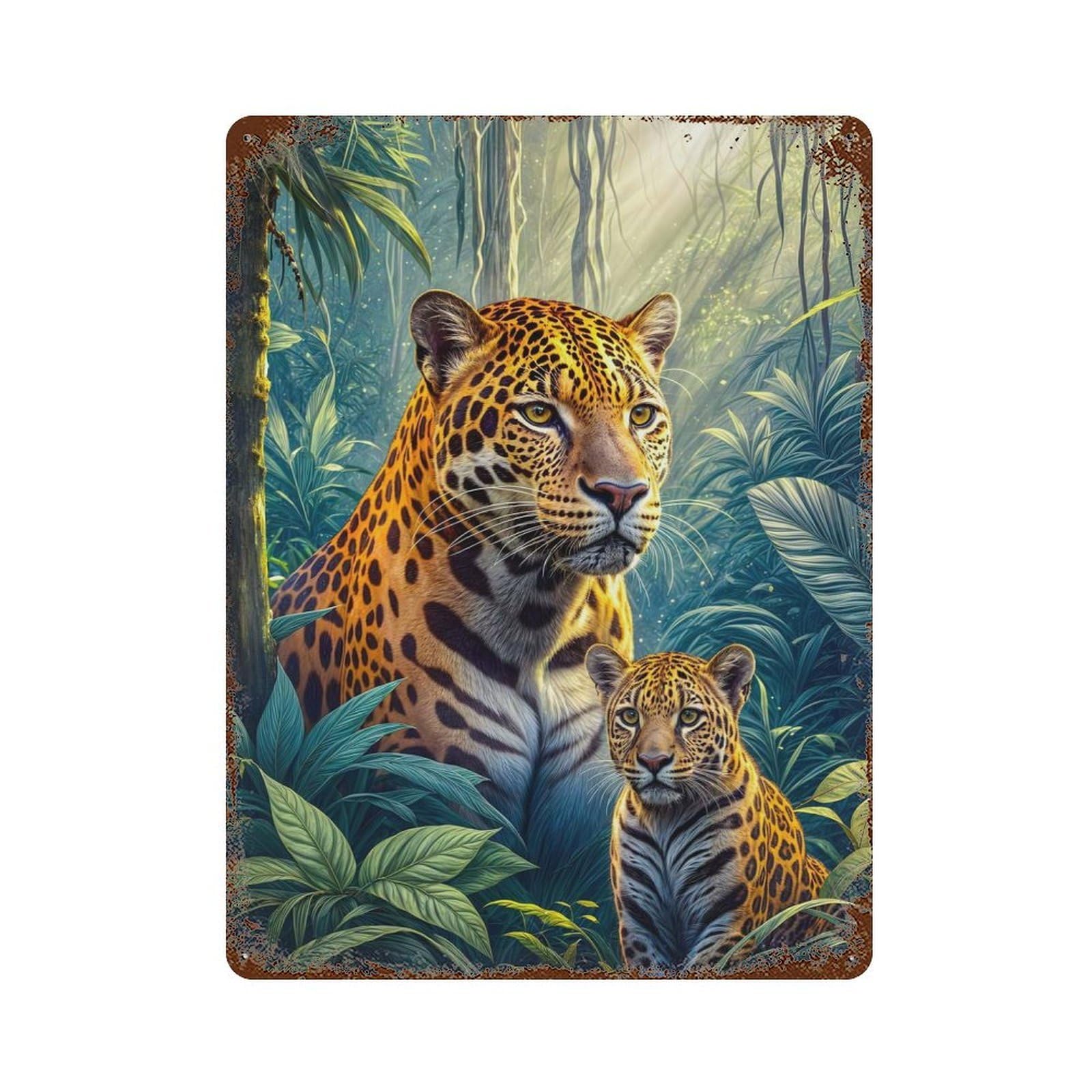 Jaguar with Cub in Forest Rust Effect Tin Sign 15.7"x11.8", Ideal for Farmhouse, Kitchen And Entryway Decor