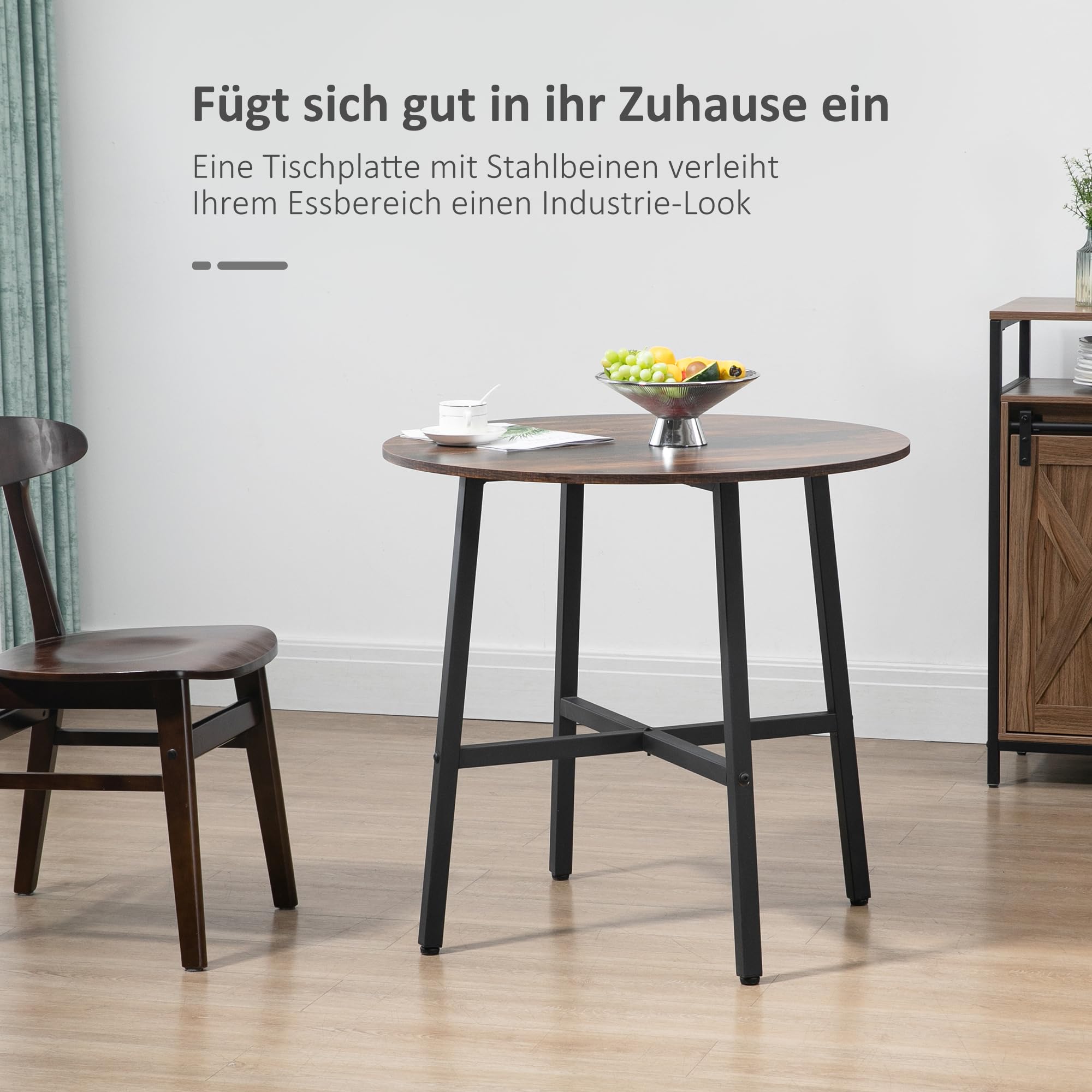 HOMCOM Esstisch 80 x 80 cm rund Küchentisch für 4 Personen Esszimmertisch mit Stahlrahmen, Industriller Tisch für Küche, Esszimmer und Wohnzimmer Rustikales Braun