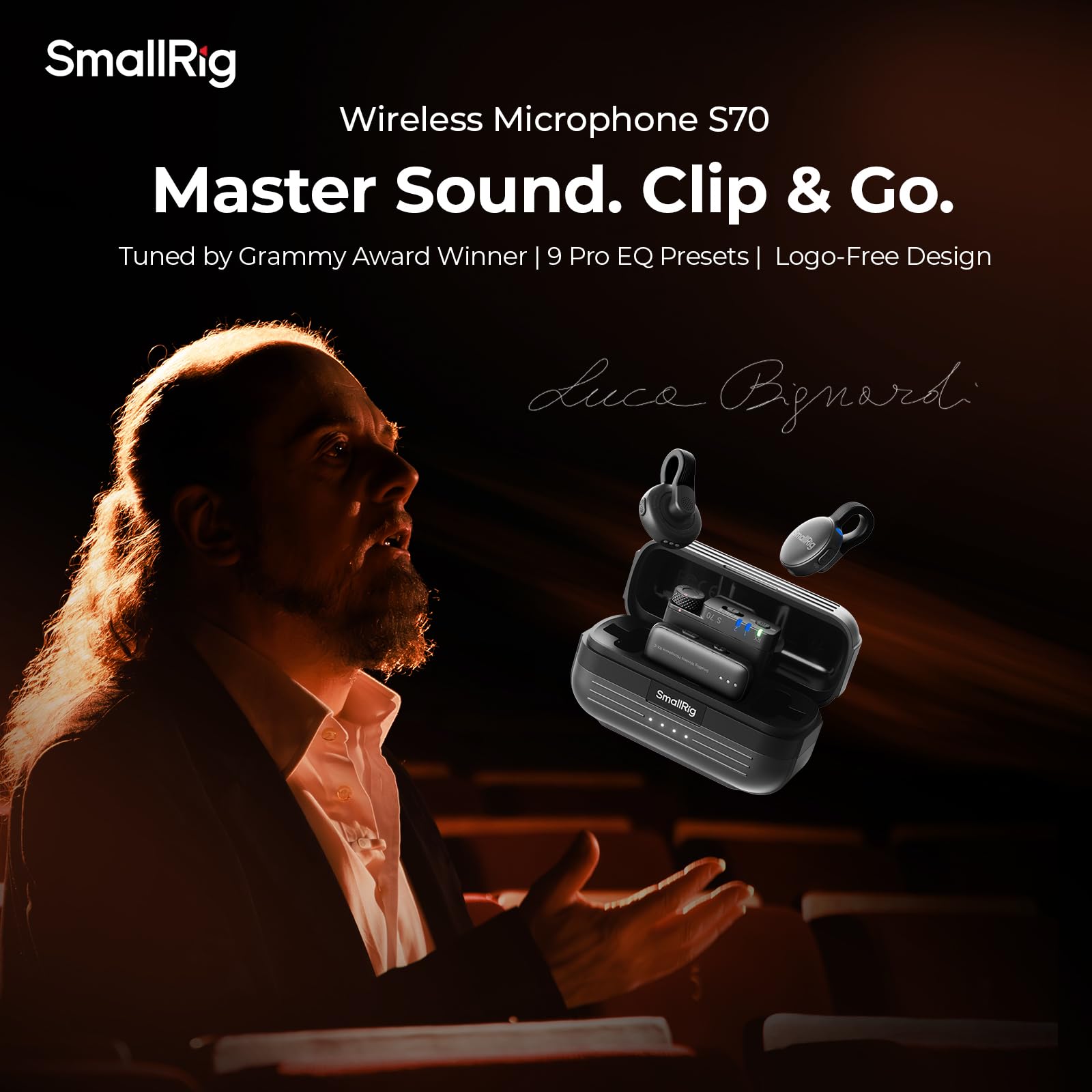 SMALLRIG S70 Microphone sans Fil Compact 2 TX + 2 RX + étui de Chargement USB-C Jack 3,5 mm 48h Noir