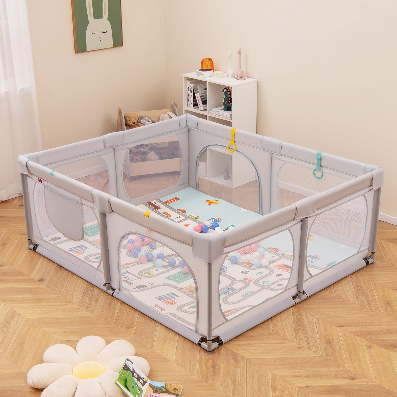 COSTWAY Laufstall Baby faltbar mit Matratze 189 x 158 cm, Laufgitter mit 50 Spielbällen & 4 Griffe, Krabbelgitter Laufgitterzelt mit atmungsaktivem Netz für Kleinkinder (Hellgrau)