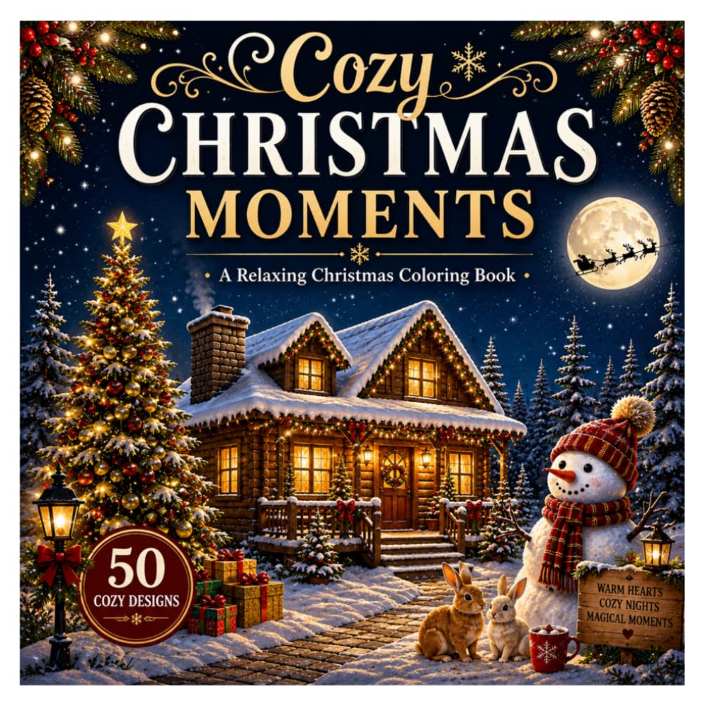 Cozy Christmas Moments: A Relaxing Christmas Coloring Book Featuring Cozy Holiday Scenes, Cute Animals, Christmas Trees, Baking, Hot Cocoa, Snowy Nights, and Festive Fun for kids, Teens & Adults