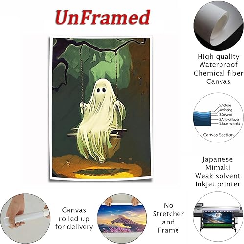 Miniatura 2 de Lienzo decorativo para pared de fantasma, divertido póster de fantasma en columpio de bosque, impresión artística de Halloween (18 x 12 pulgadas,