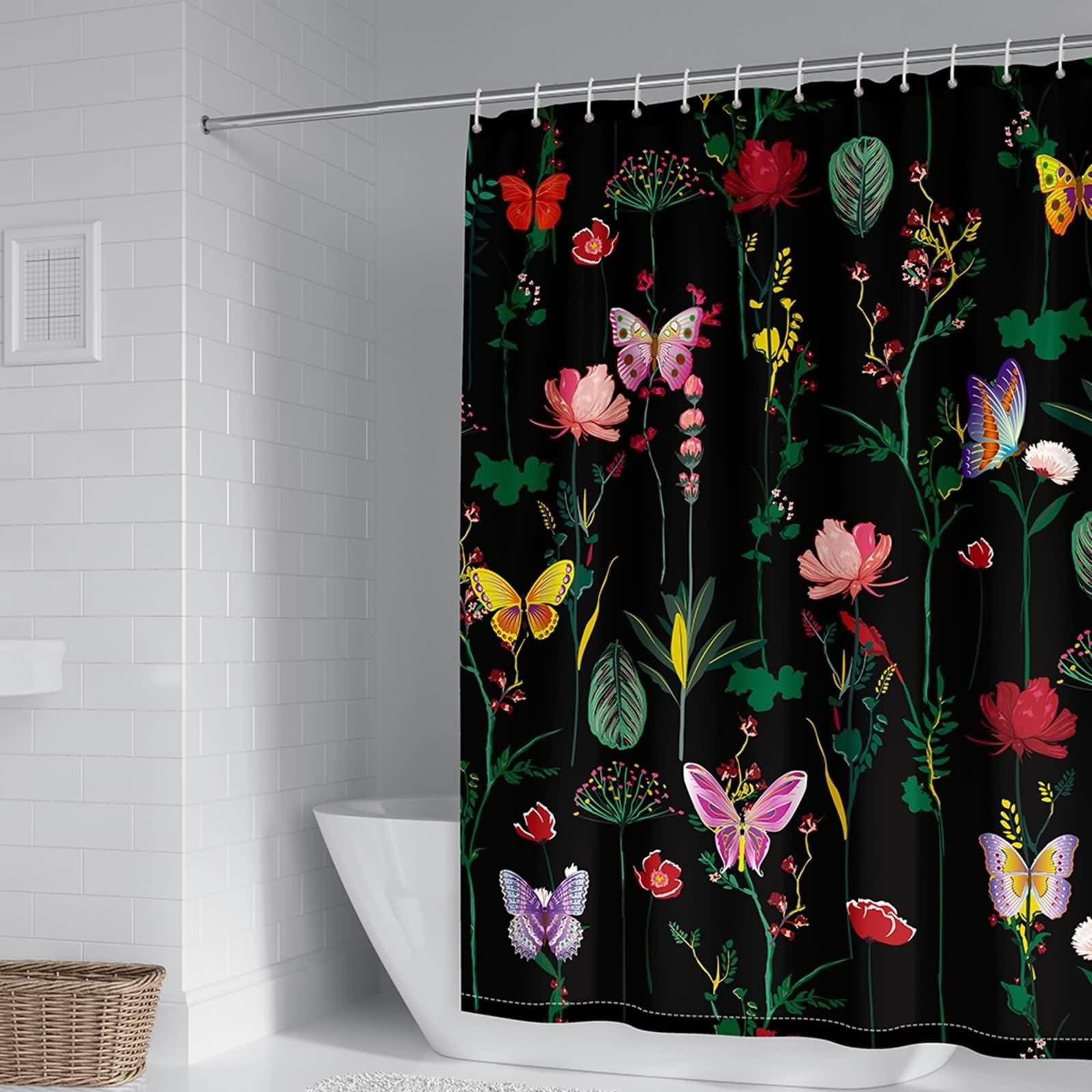 Duschvorhang Schwarz Bunt 300x200 cm Wasserdicht Waschbar, Blumen Schmetterlinge Muster Badvorhang Polyester Waschbar Stoff 3 x 2m Lang(BxH) mit Duschvorhangringen