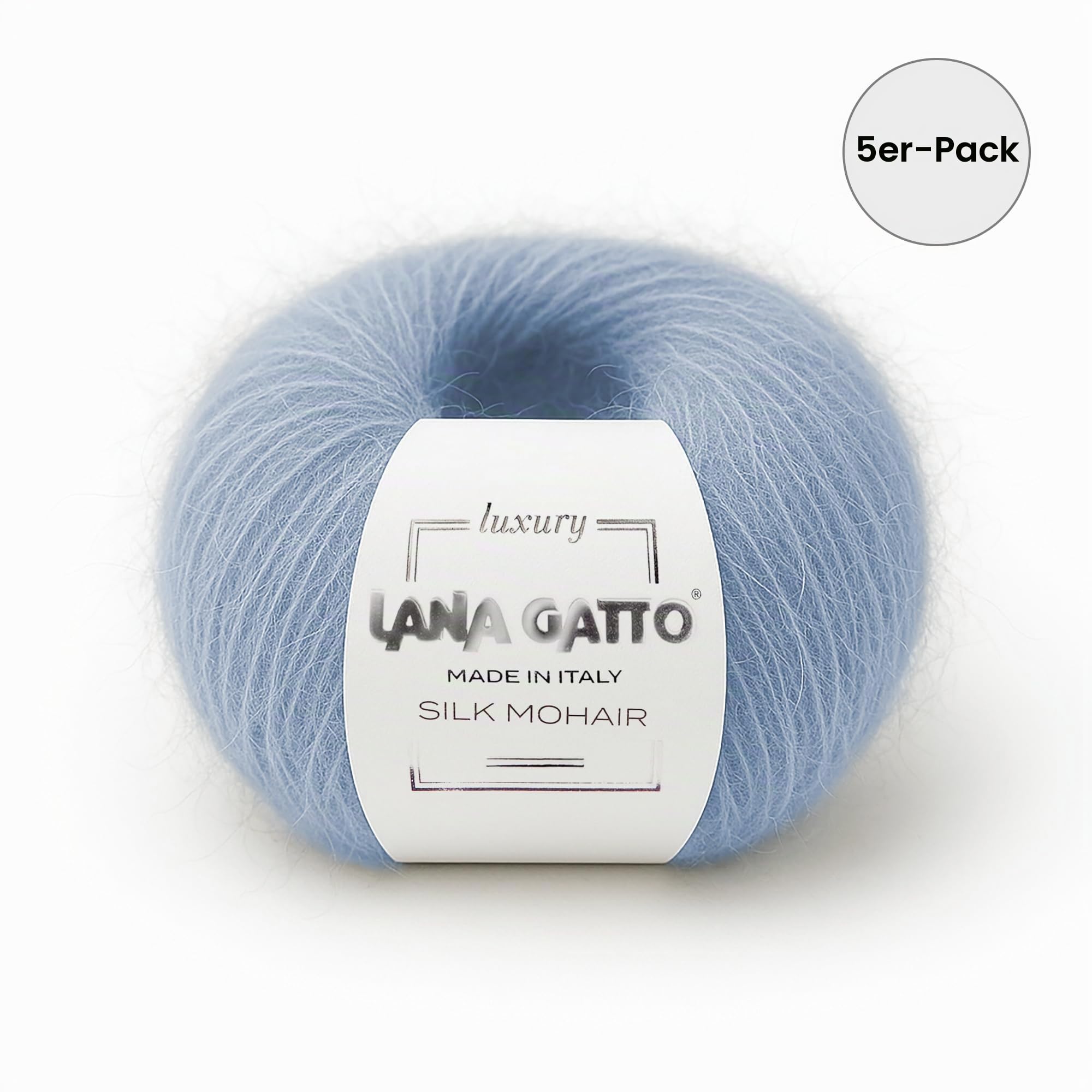 5 Knäuel, 125 gr. Silk Mohair Lana Gatto Luxusgarne, Premium- und weiche Mischung zum Stricken und Häkeln, Made in Italy, (Hellblau - 7264, 5)